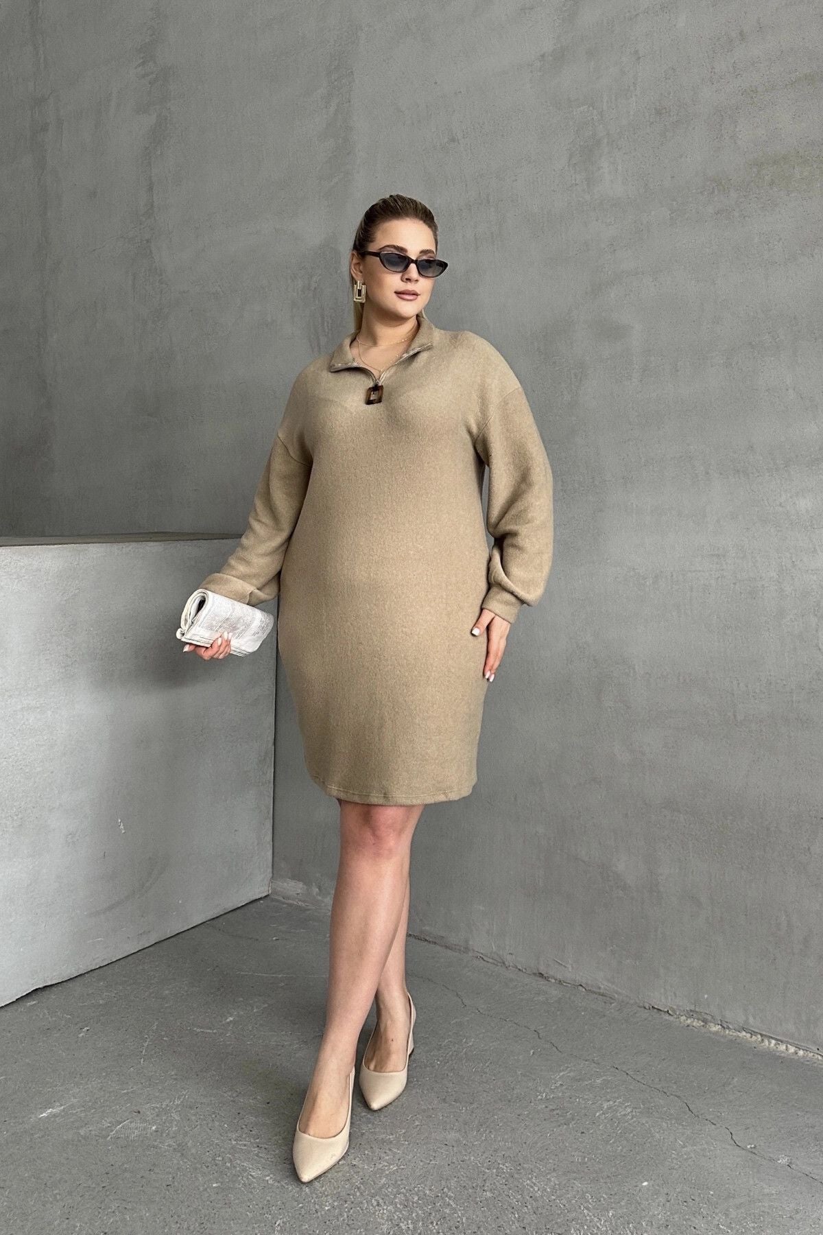 Büyük Beden Uzun Kollu Yumuşak Dokulu Yakası Fermuarlı Triko Elbise 106-37