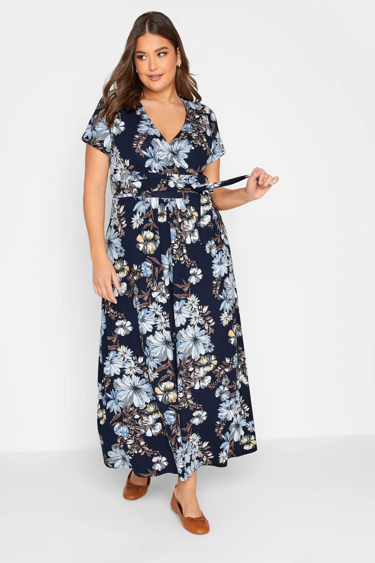 Büyük Beden V Yaka Kısa Kollu Kuşaklı Desenli Uzun Elbise 301784