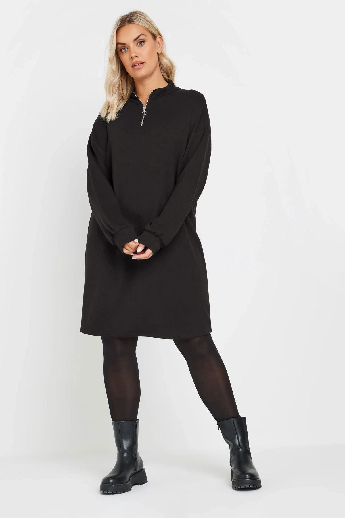 Büyük Beden Yumuşak Dokulu Uzun Kollu Yakası Fermuarlı Kısa Elbise 303760