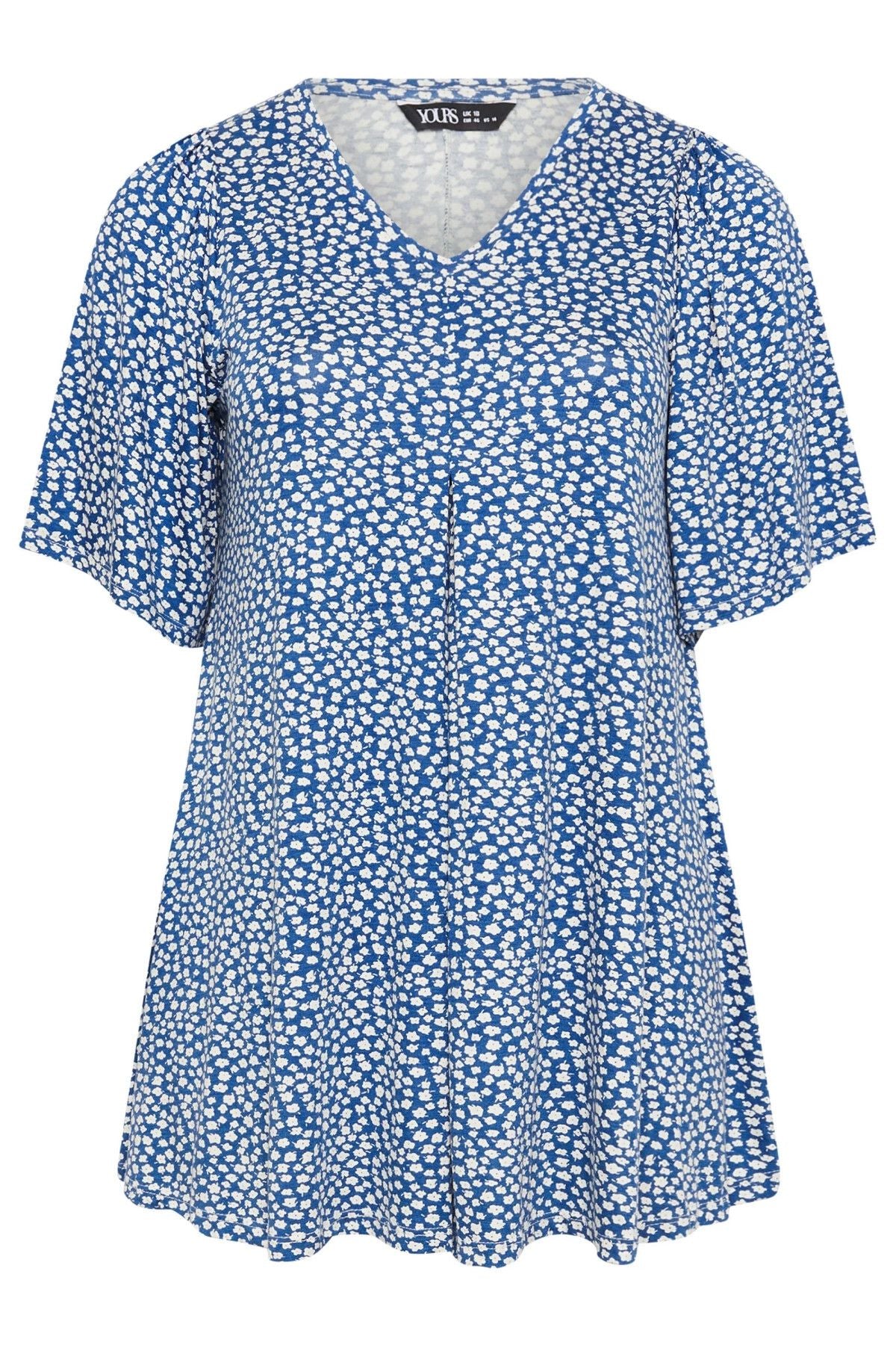 Büyük Beden V Yaka Kısa Kollu Eteği Bollaşan Desenli Bluz 303624