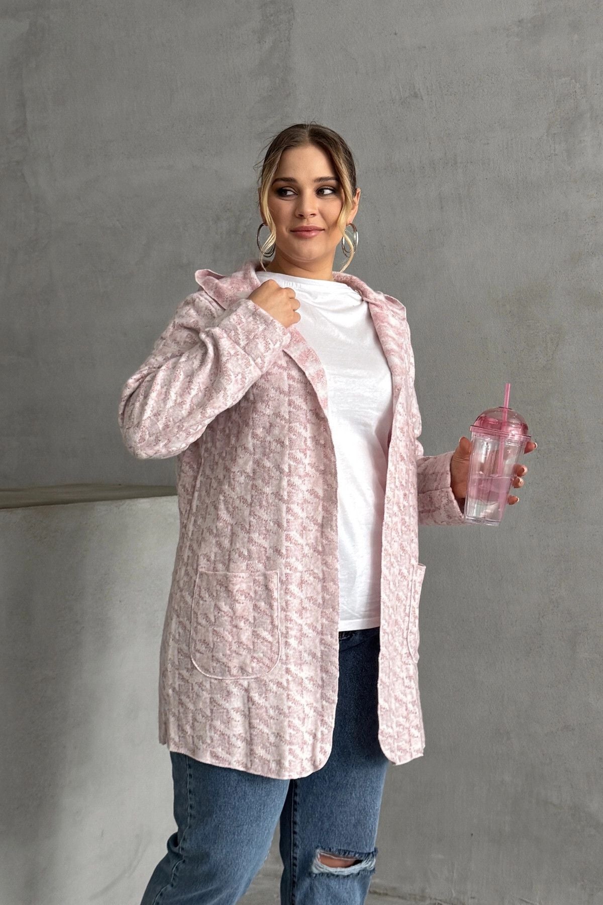 Büyük Beden Uzun Kollu Kapüşonlu Cepli Önü Kapamasız İnce Hırka 301794