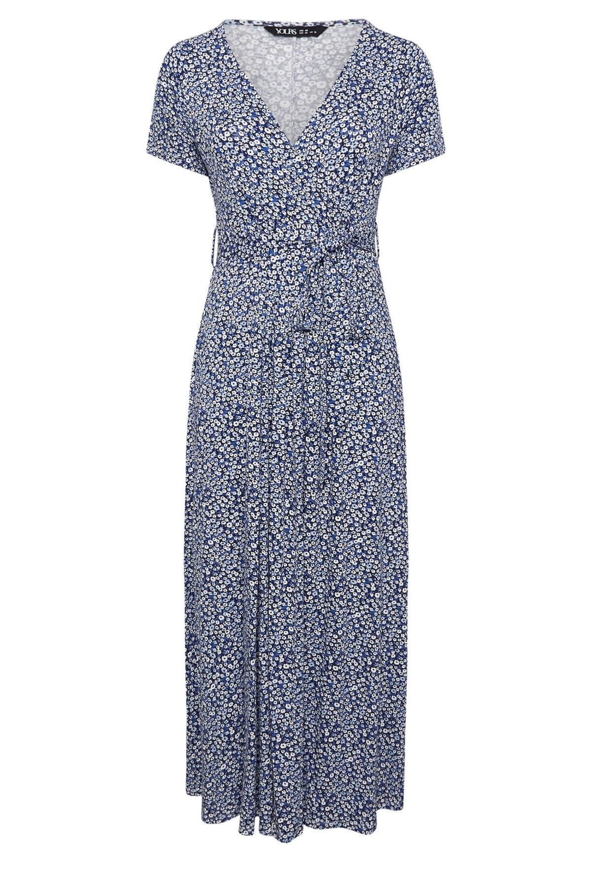 Büyük Beden V Yaka Kısa Kollu Önü Kuşaklı Maxi Elbise 303506