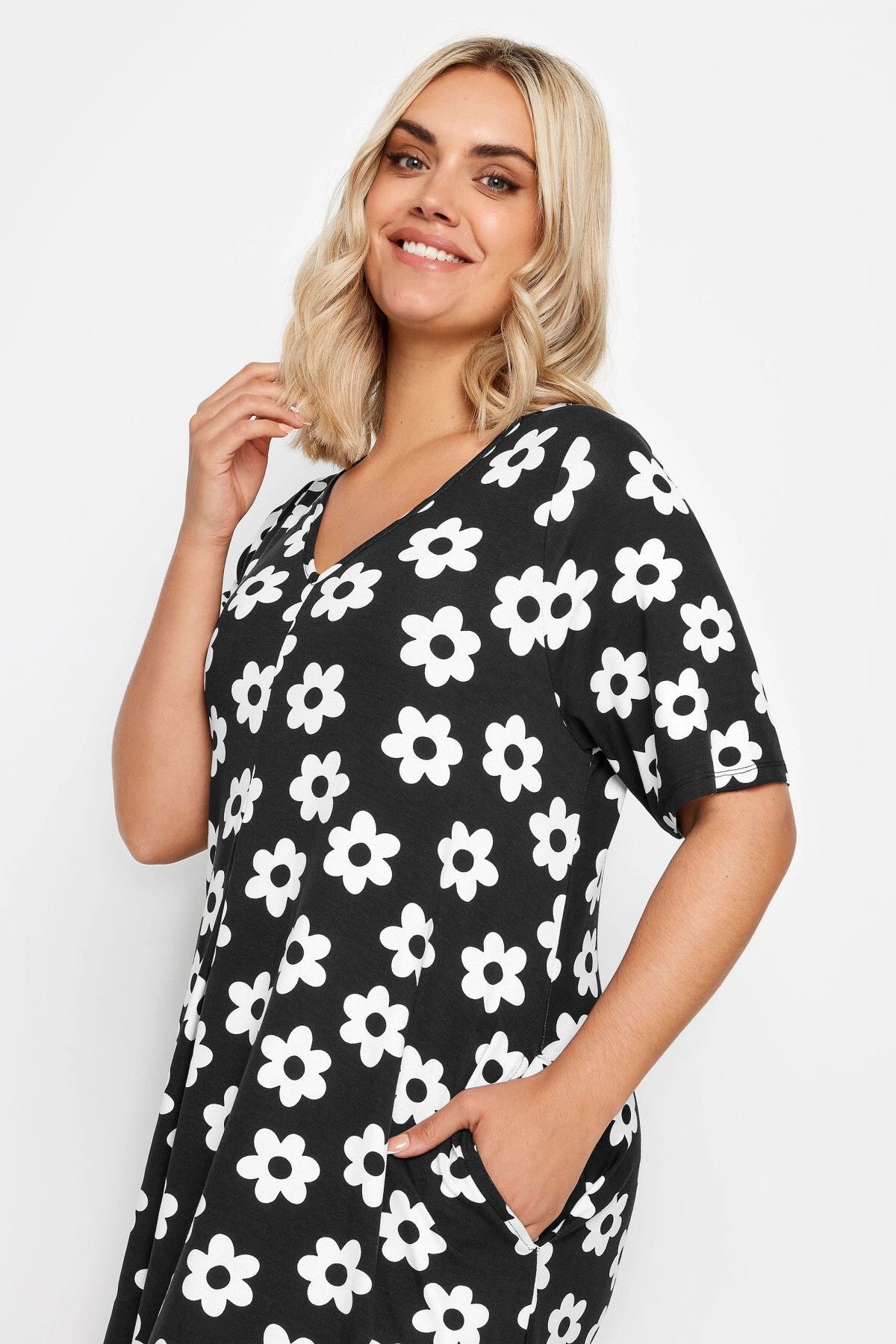 Büyük Beden V Yaka Kısa Kollu Cepli Uzun Elbise 137862