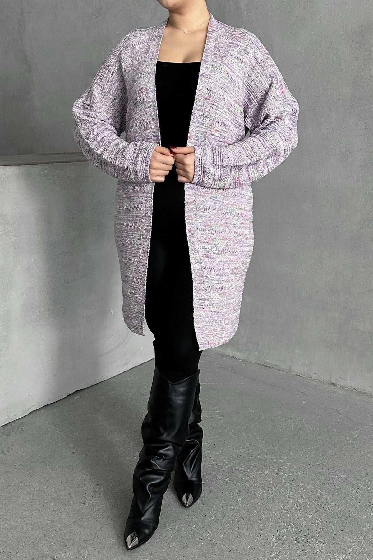 Büyük Beden Uzun Kollu Önü Kapamasız İnce Örme Hırka 302300