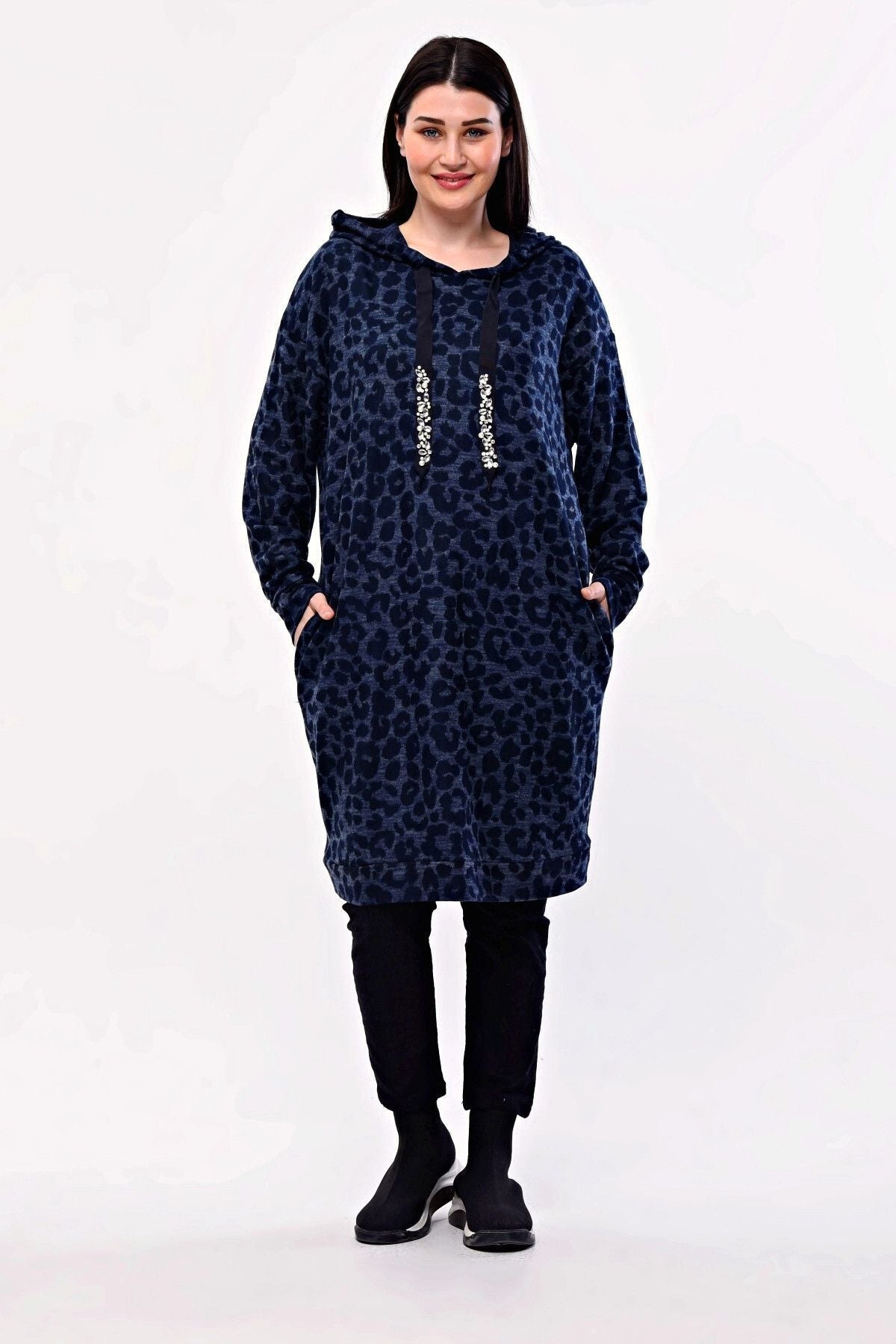 Büyük Beden Leopar Desenli Kapüşonlu Cepli Tunik 301804