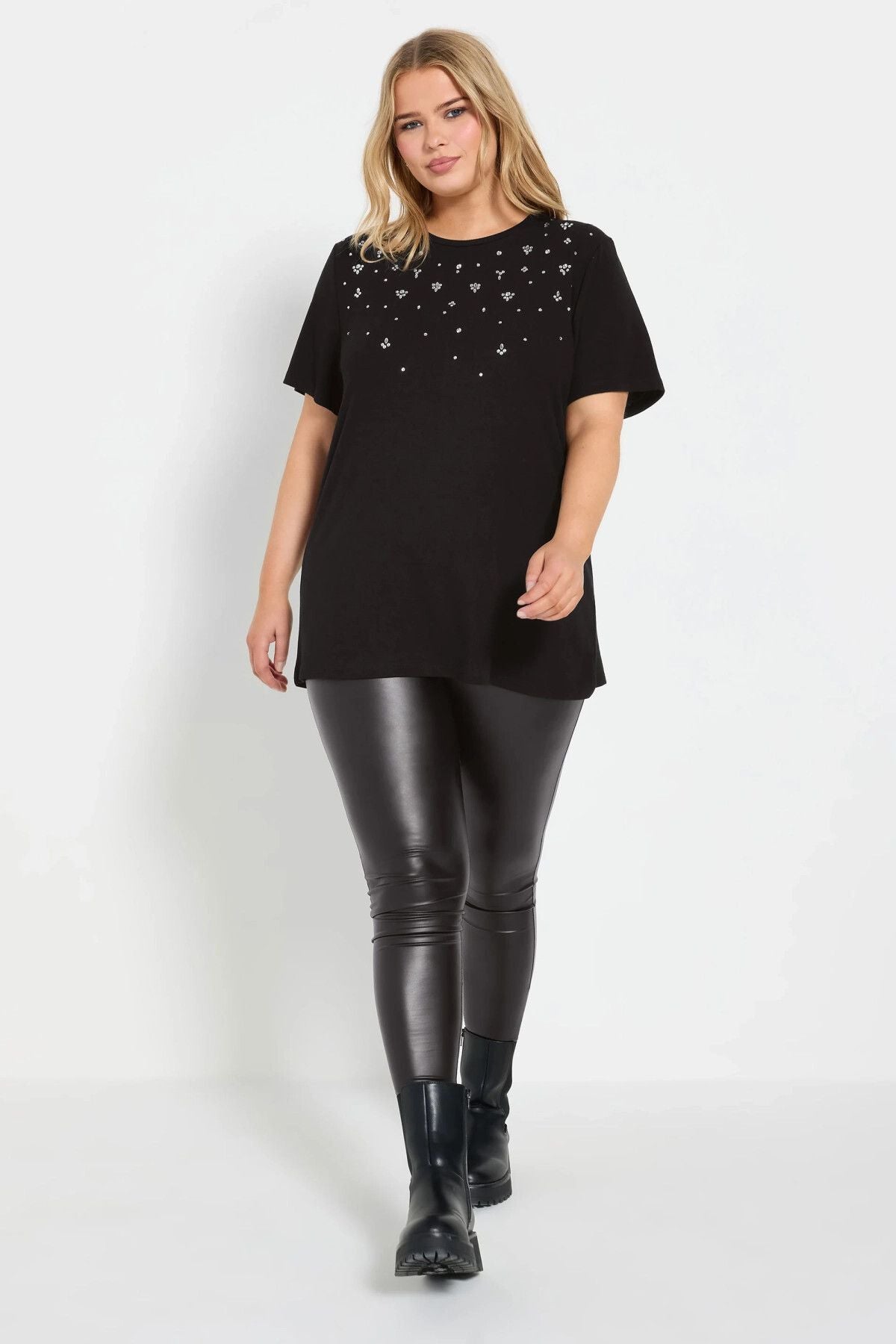 Büyük Beden Bisiklet Yakası Taş İşlemeli Kısa Kollu T-shirt 322283