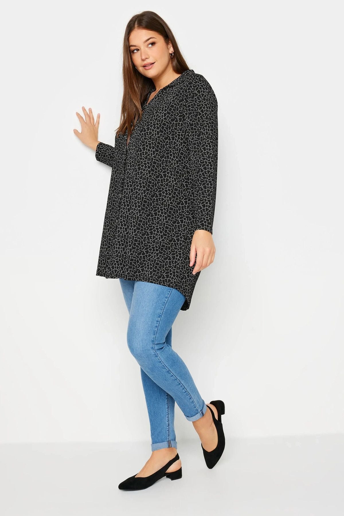 Büyük Beden Desenli Uzun Kollu Uzun Kesim Gömlek 303139