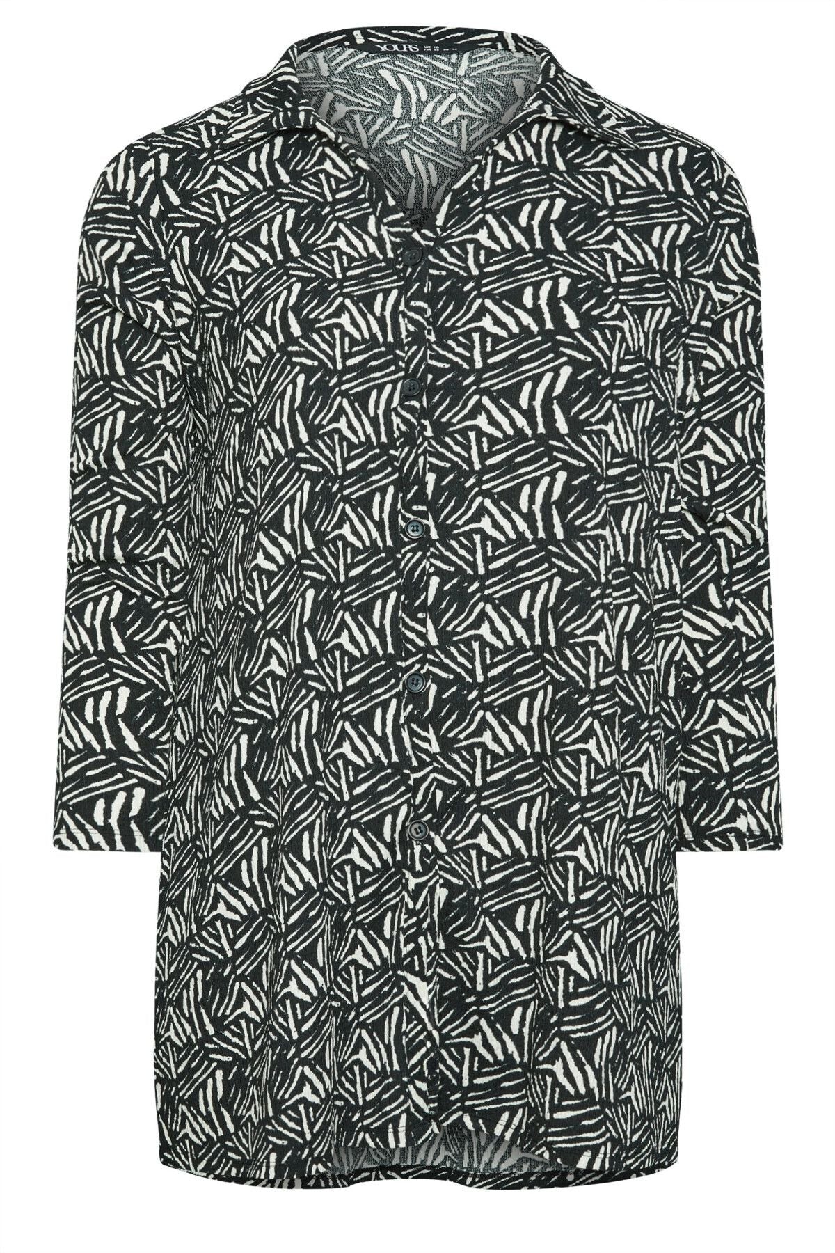 Büyük Beden Soyut Baskılı Düğmeli Uzun Kollu Uzun Kesim Gömlek 302650