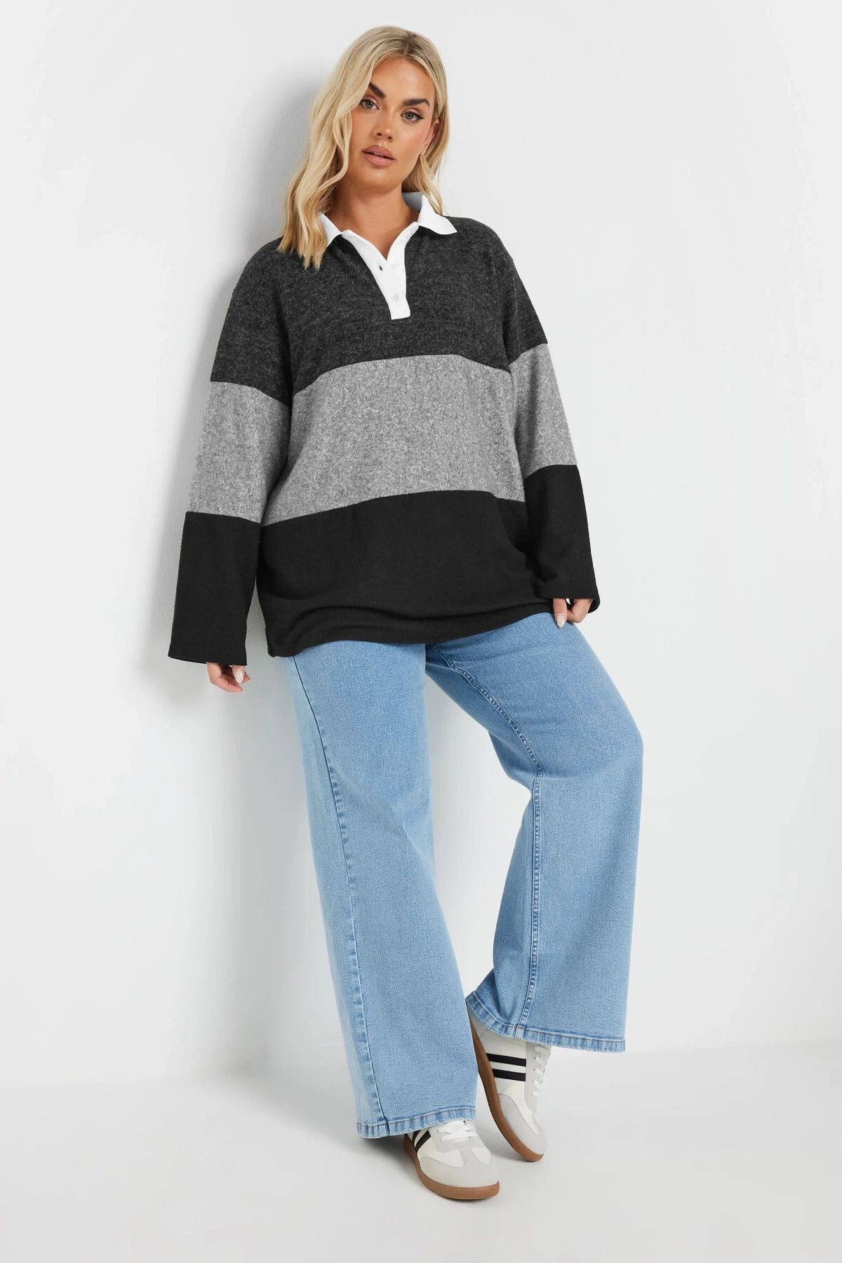 Büyük Beden Gömlek Yaka Uzun Kollu Yumuşak Dokulu Kazak 285045