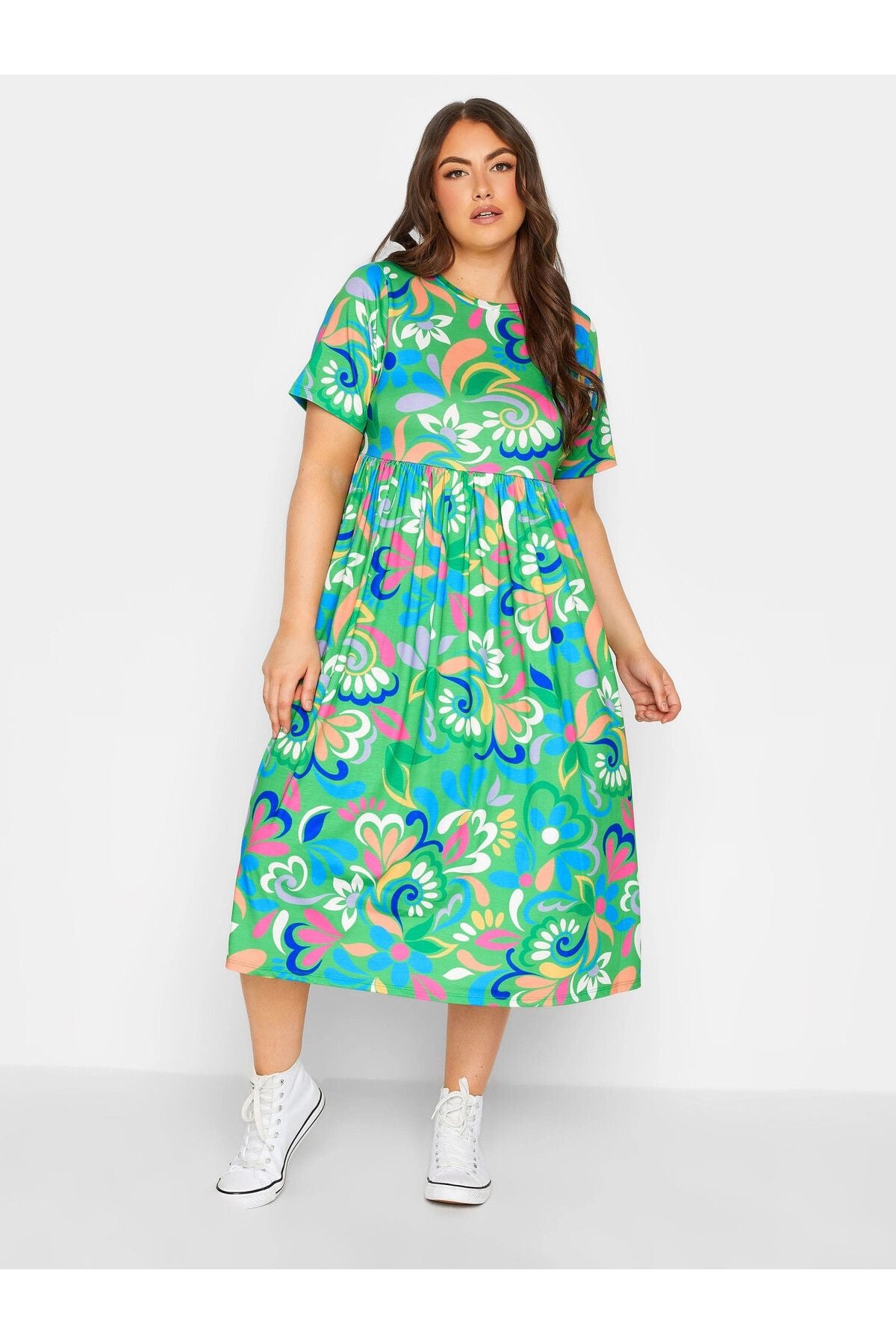 Büyük Beden Bisiklet Yaka Çiçek Desenli Midi Boy Elbise 137388