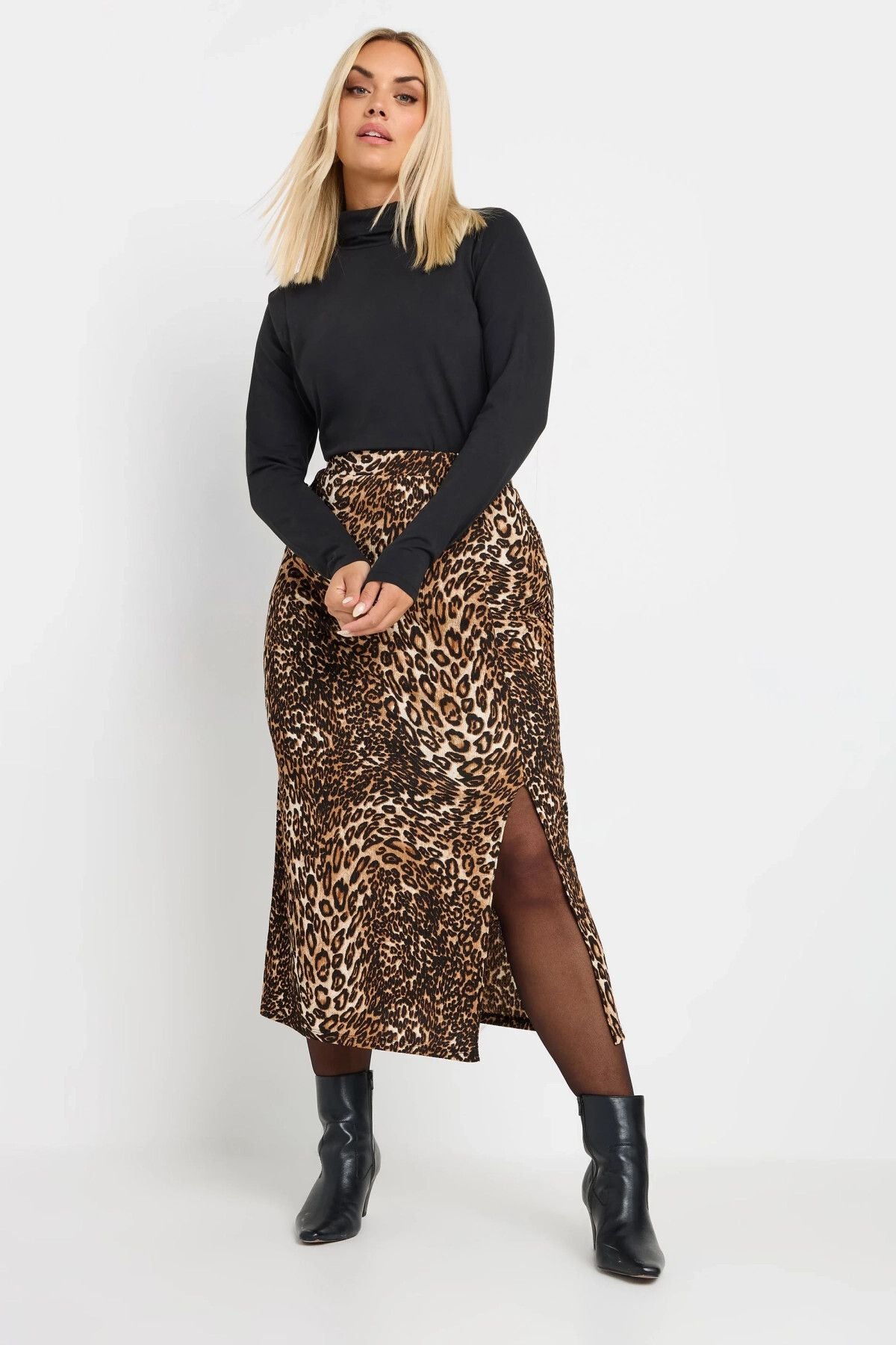 Büyük Beden Beli Lastikli Yırtmaçlı Leopar Desenli Midi Boy Etek 303706