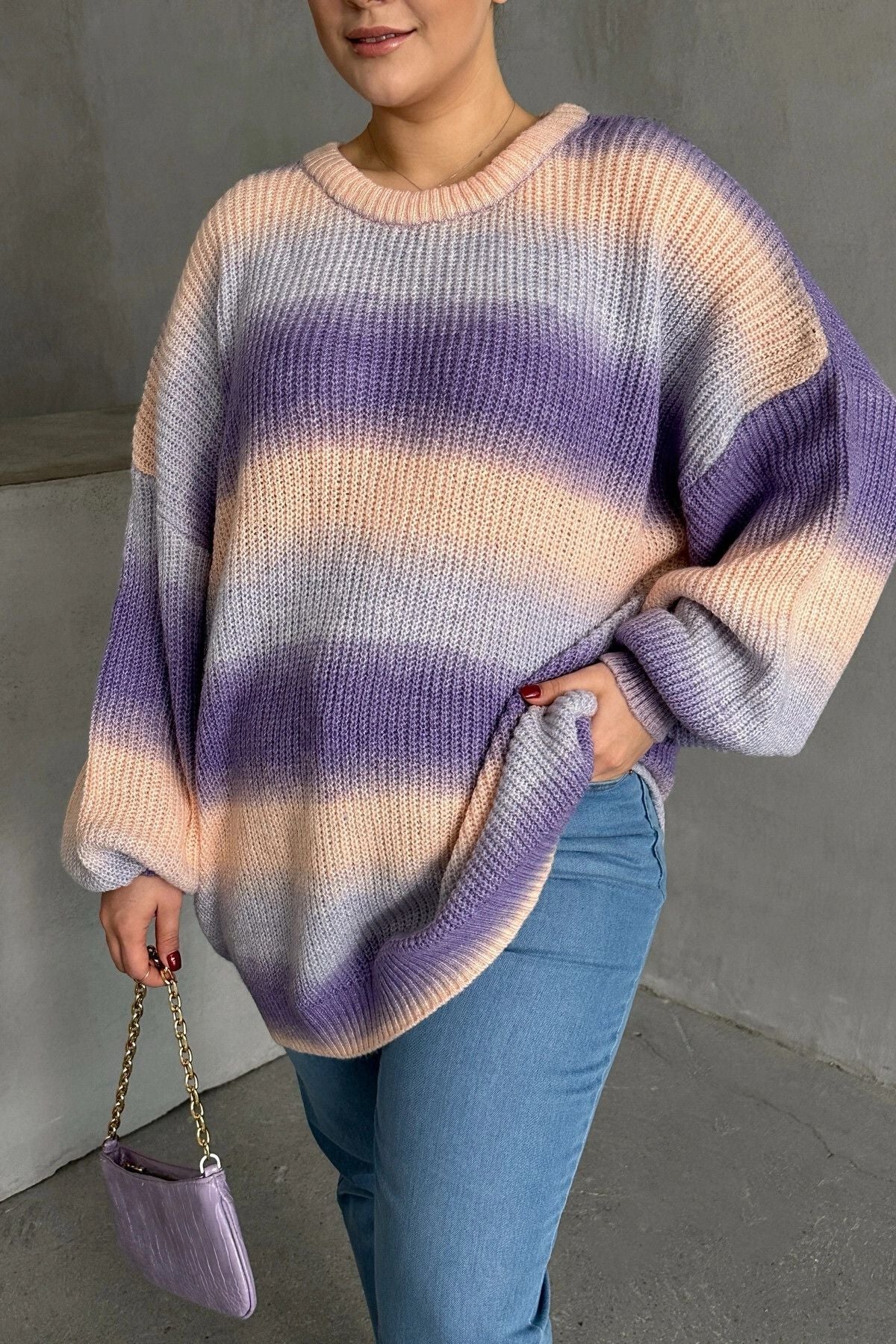 Büyük Beden Uzun Kollu Bisiklet Yaka Renk Bloklu Triko Kazak DG-06