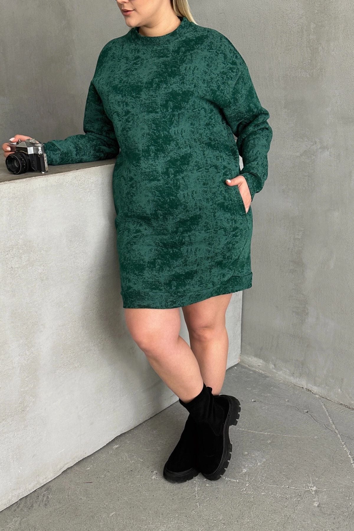 Büyük Beden Uzun Kollu Bisiklet Yaka Cepli Desenli Elbise 106-77