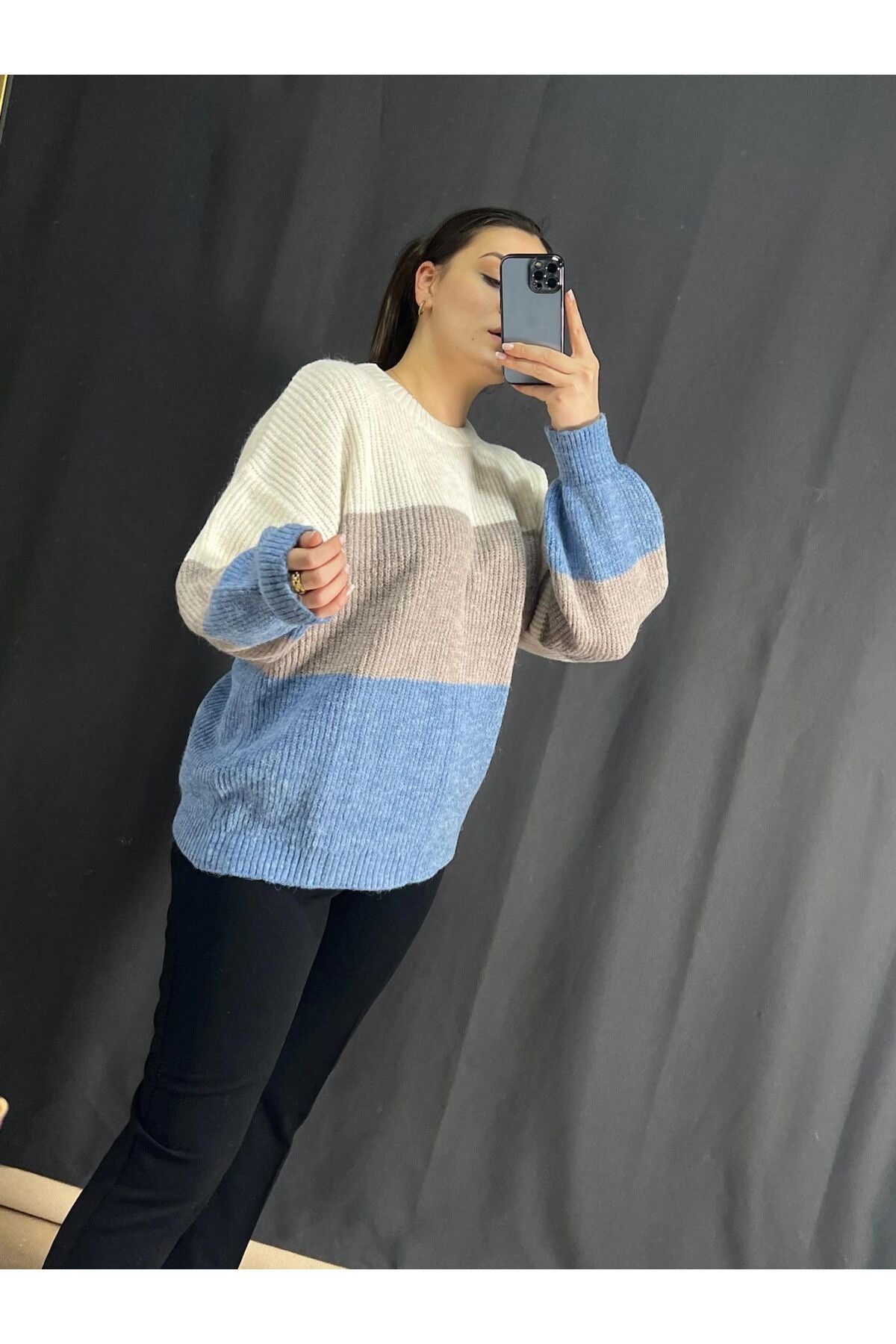 Büyük Beden Bisiklet Yaka Renk Geçişli Uzun Kollu Triko Kazak 302344