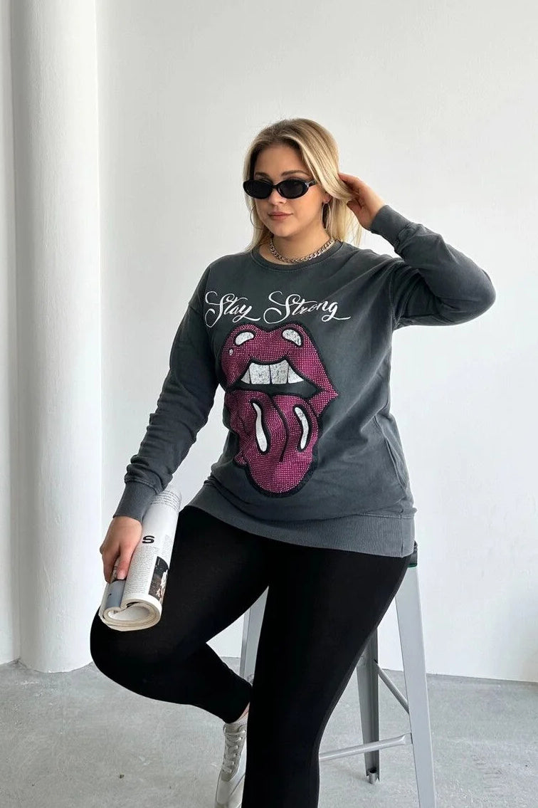Büyük Beden Bisiklet Yaka Baskılı Pul Detaylı Yıkamalı Sweatshirt 301252