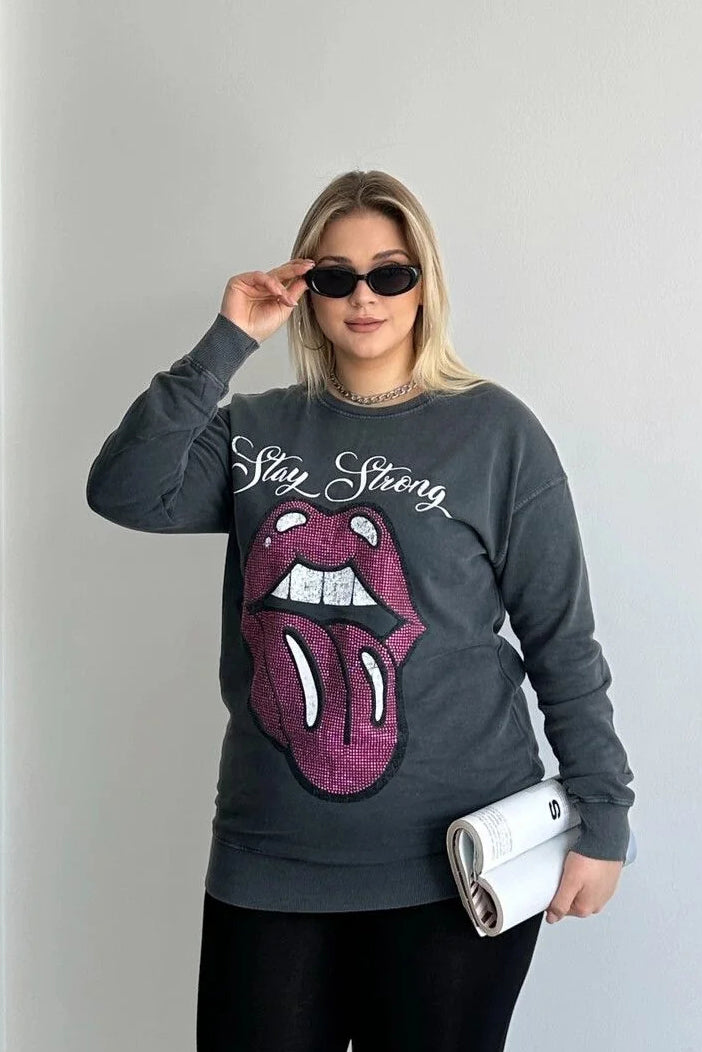 Büyük Beden Bisiklet Yaka Baskılı Pul Detaylı Yıkamalı Sweatshirt 301252