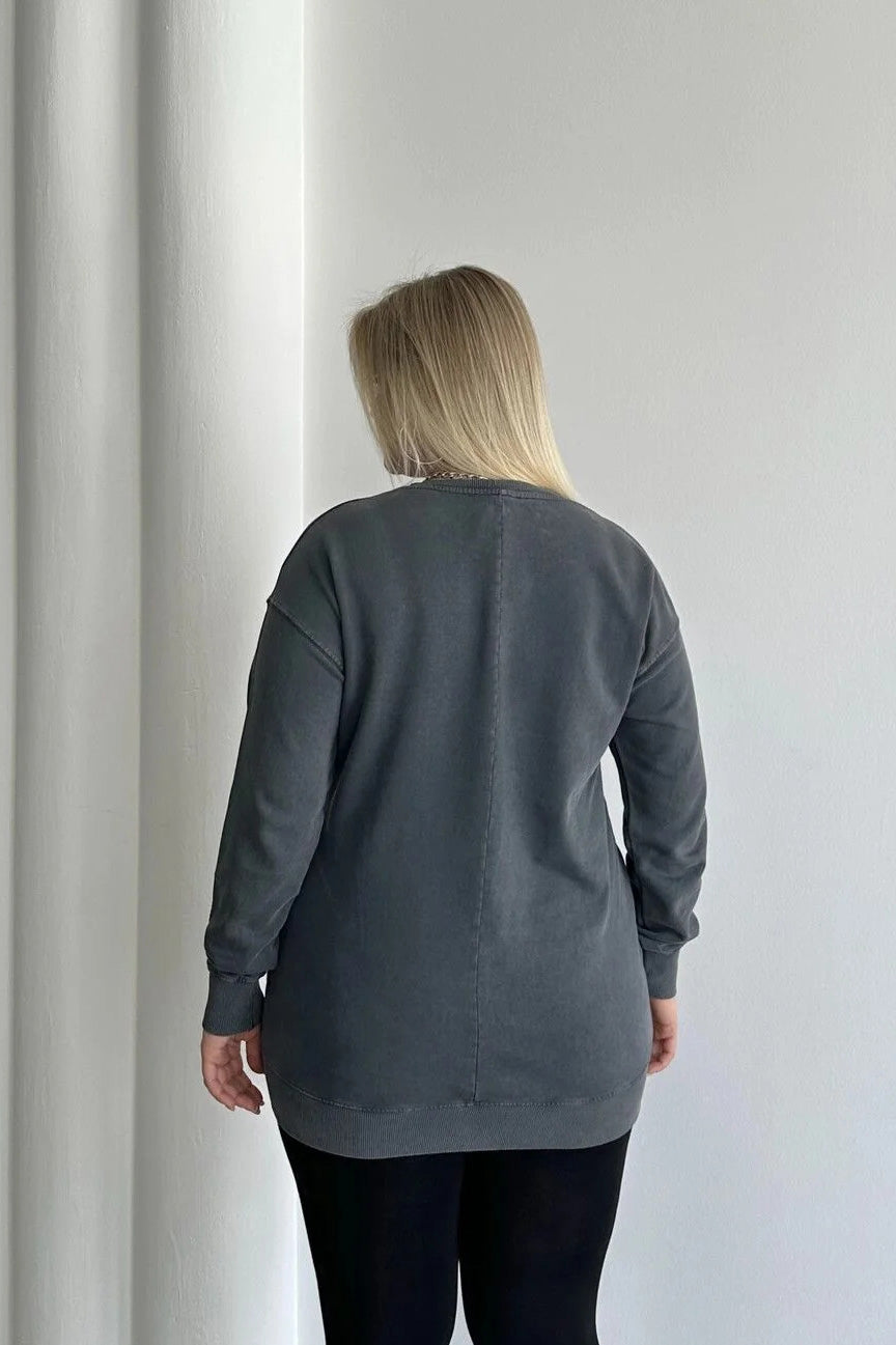 Büyük Beden Bisiklet Yaka Baskılı Pul Detaylı Yıkamalı Sweatshirt 301252