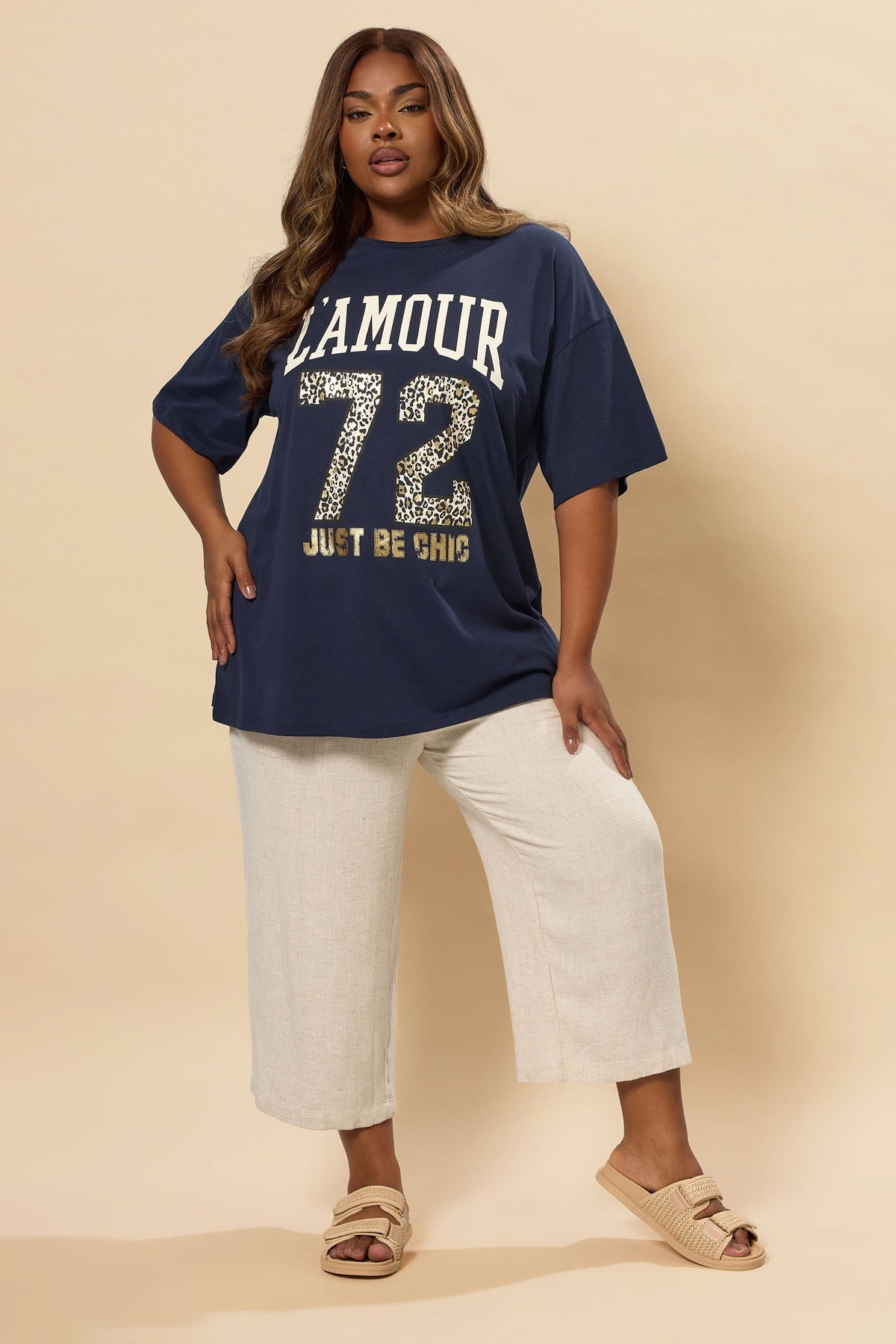 Büyük Beden Kısa Kollu Bisiklet Yaka Metalik Baskılı T-shirt 304180