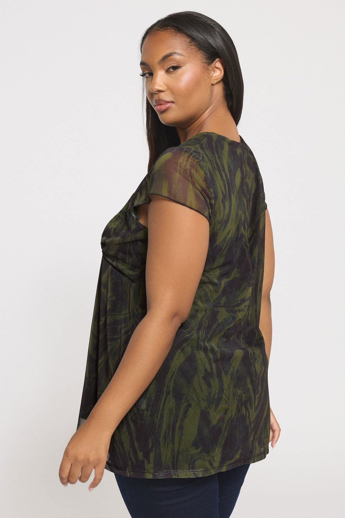 Büyük Beden Kısa Kollu V Yaka Astarlı Transparan T-shirt 304315