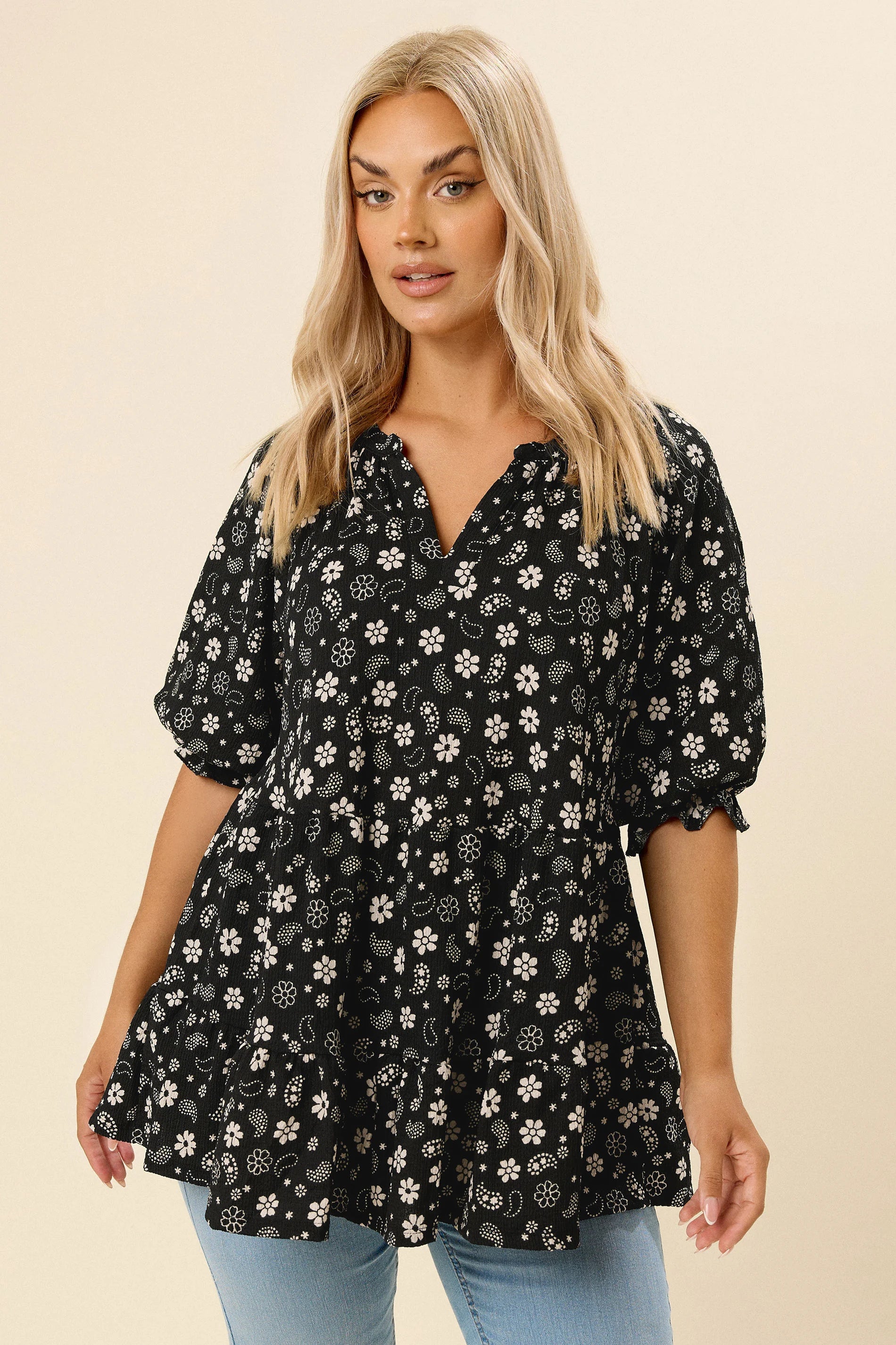 Büyük Beden Çentik Yaka Kısa Kollu Eteği Fırfırlı Bluz 322571