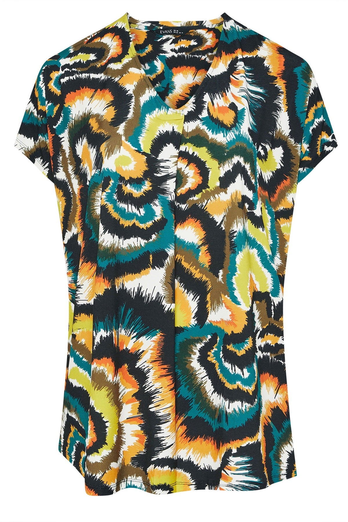 Büyük Beden V Yaka Kısa Kollu Soyut Desenli Asimetrik Kesim T-shirt 616346