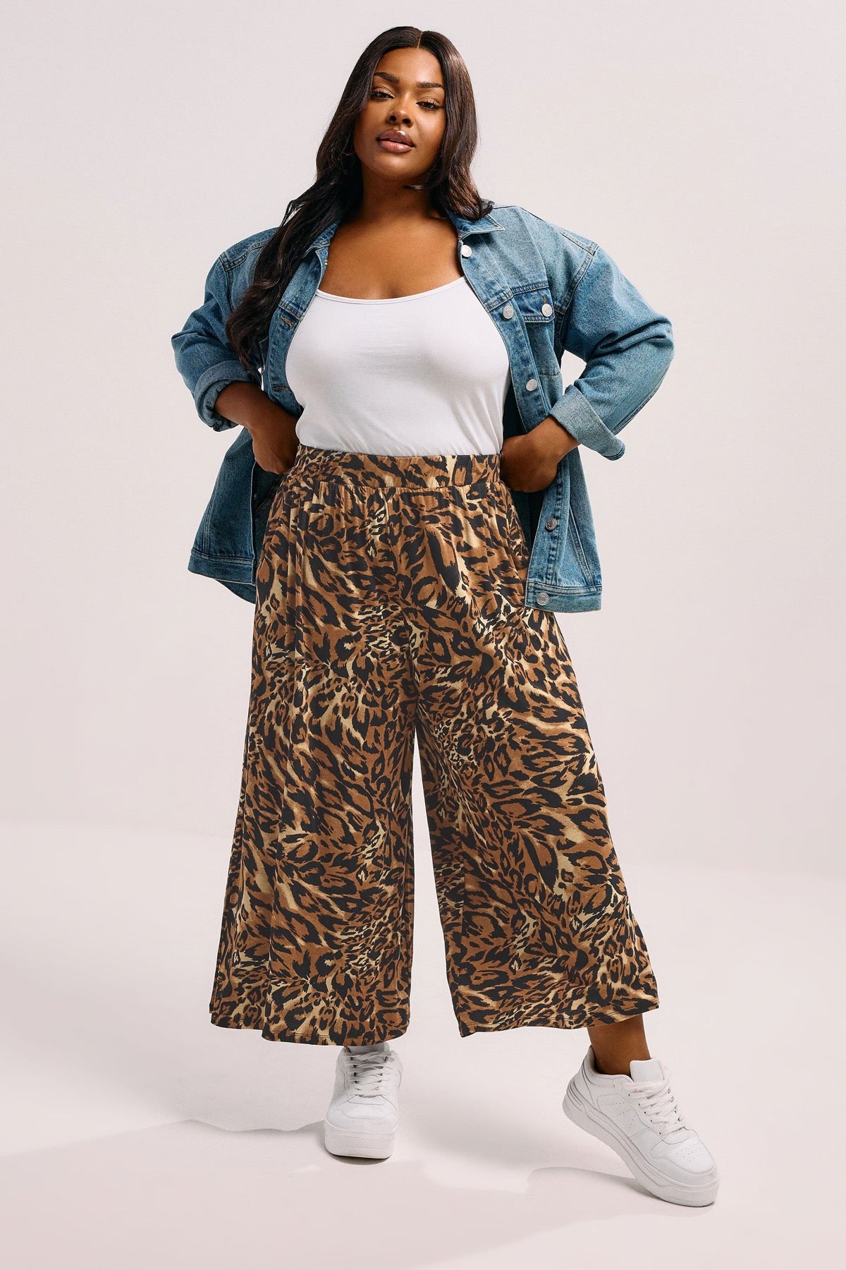 Büyük Beden Beli Lastikli Bol Paça Leopar Desenli Cepli Pantolon 304271
