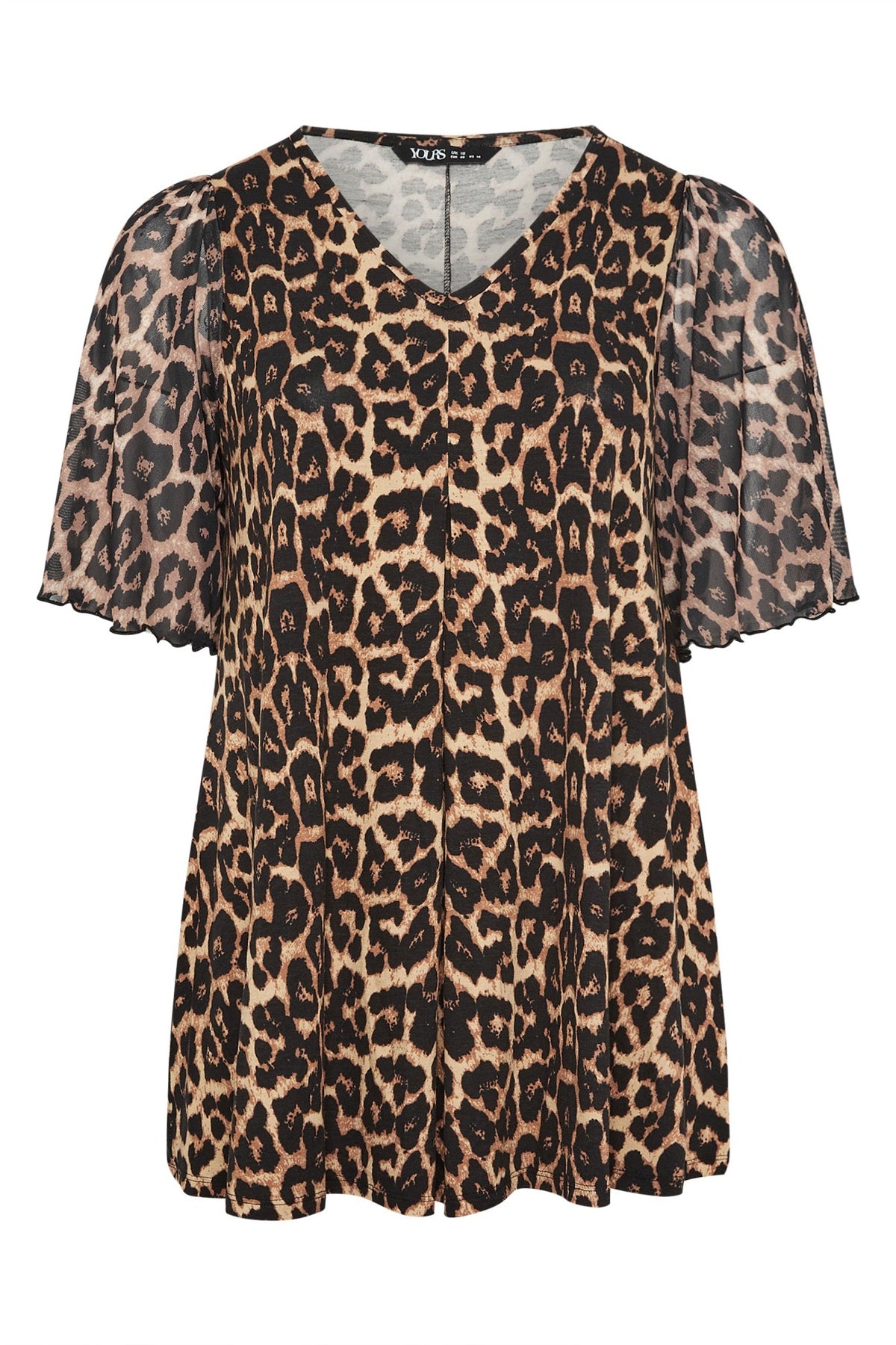 Büyük Beden Kısa Kollu V Yaka Tül Detaylı Astarlı Leopar Desenli T-shirt 304341