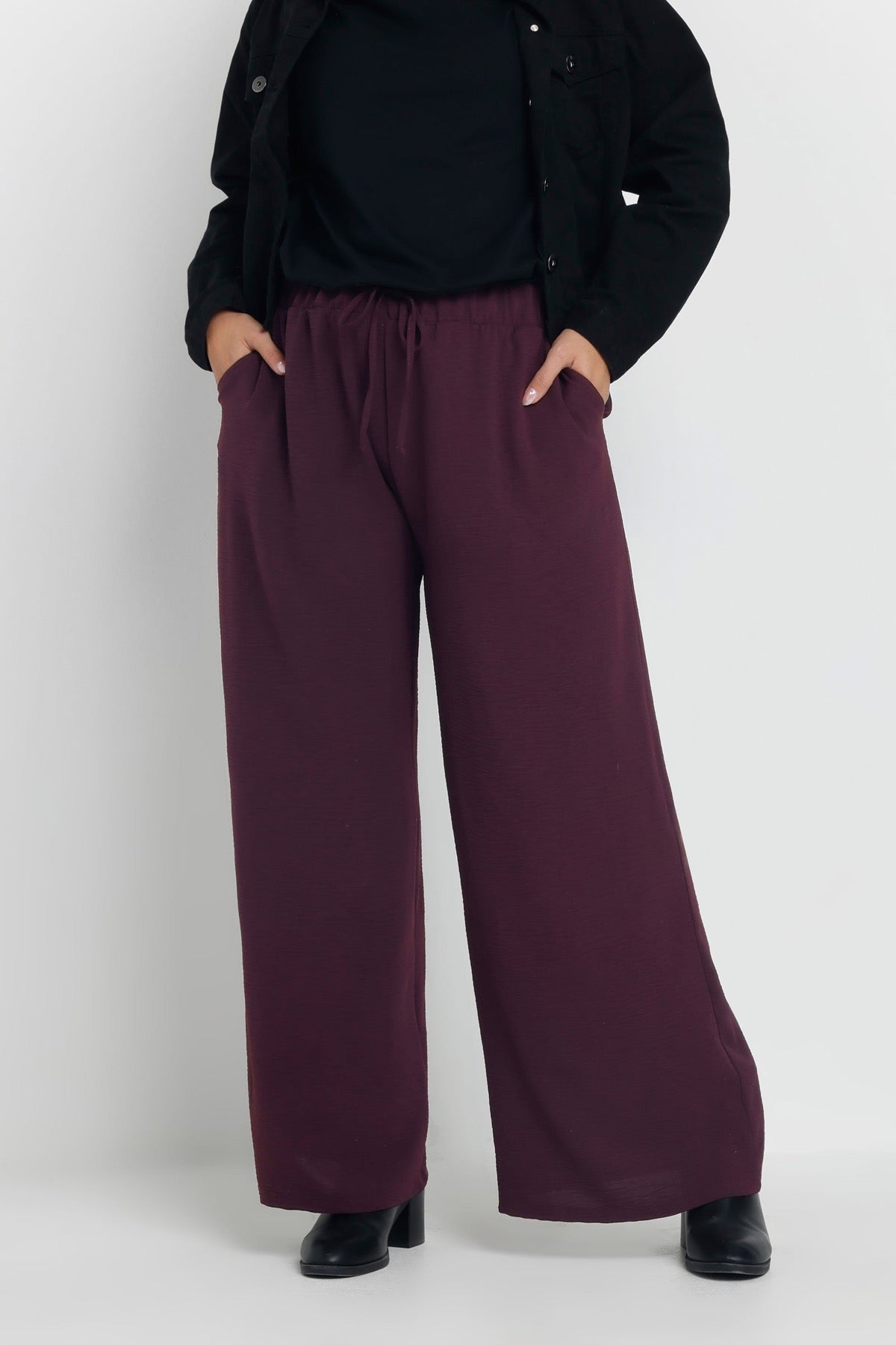 Büyük Beden Beli Lastikli Bol Paça Cepli Pantolon 303861