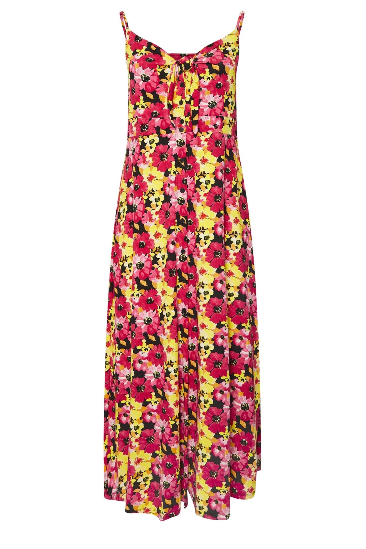 Büyük Beden Önü Büzgülü Askılı Çiçek Desenli Düğmeli Elbise 303481