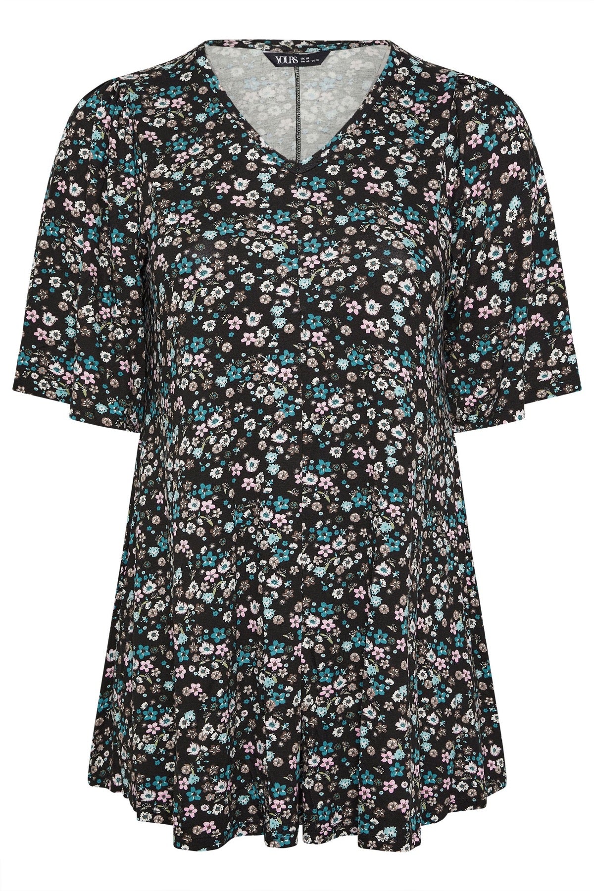 Büyük Beden V Yaka Sıfır Kol Çiçek Desenli Asimetrik Kesim T-shirt 304084