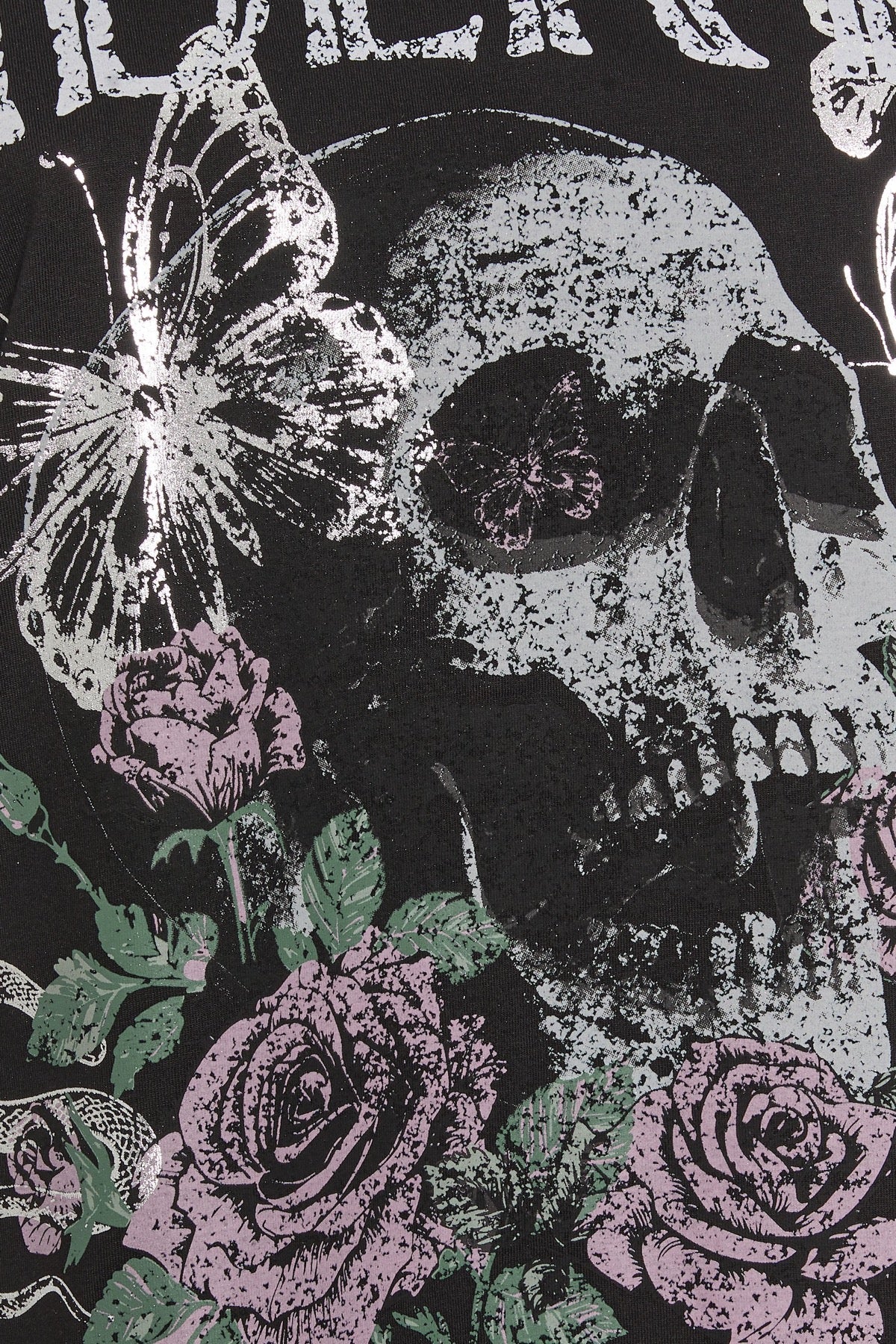 Büyük Beden Bisiklet Yaka Kol Detaylı Kuru Kafa Baskılı T-shirt 322639