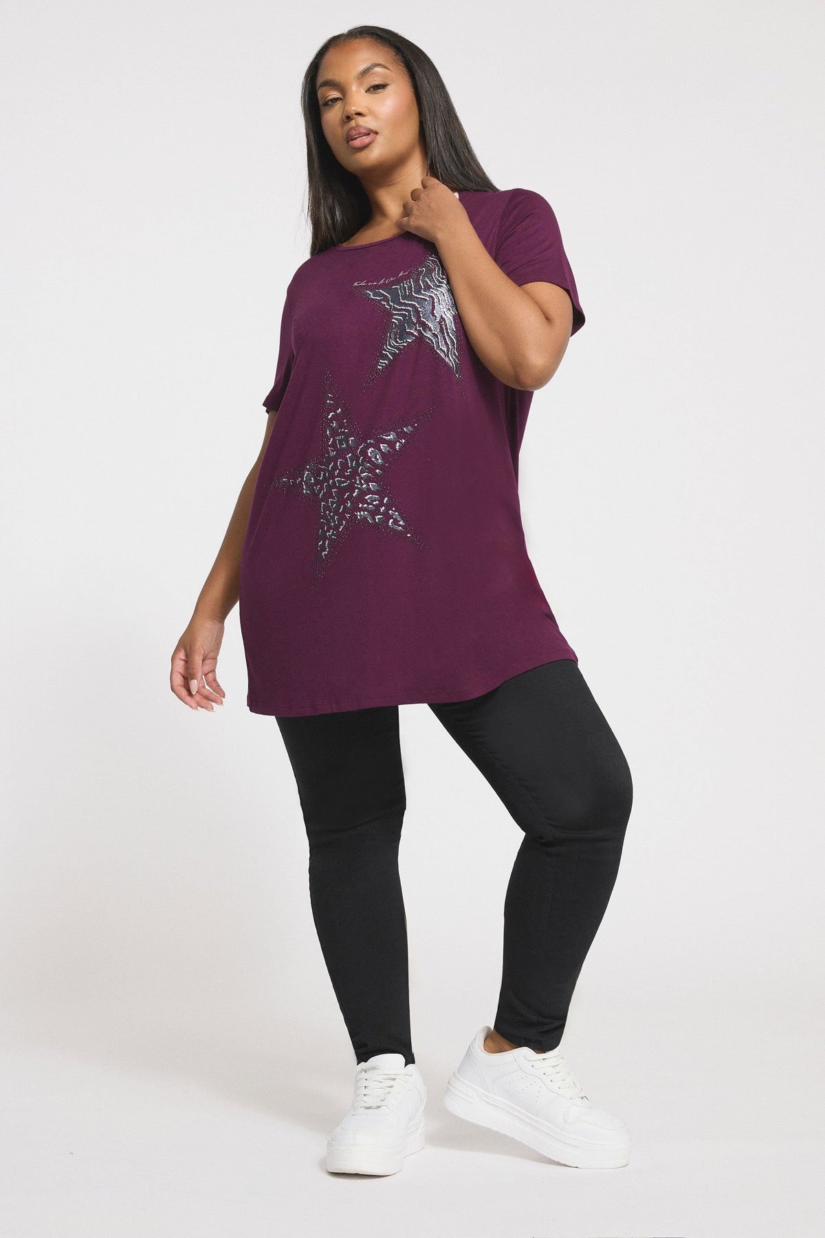 Büyük Beden Bisiklet Yaka Kısa Kollu Parlak Baskılı Taşlı T-shirt 322960