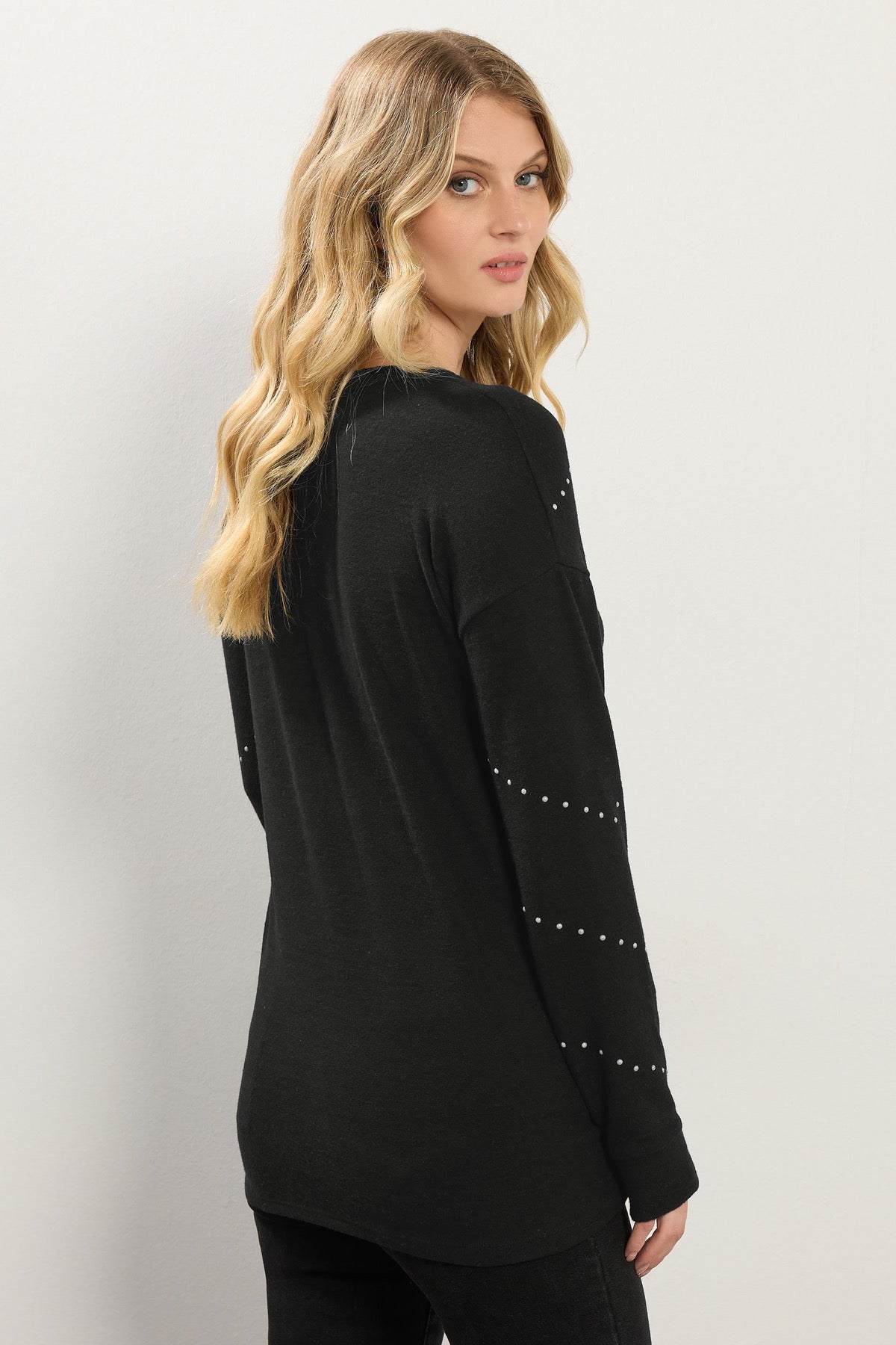 Büyük Beden Bisiklet Yaka Uzun Kollu Taşlı İnce Sweatshirt 356682