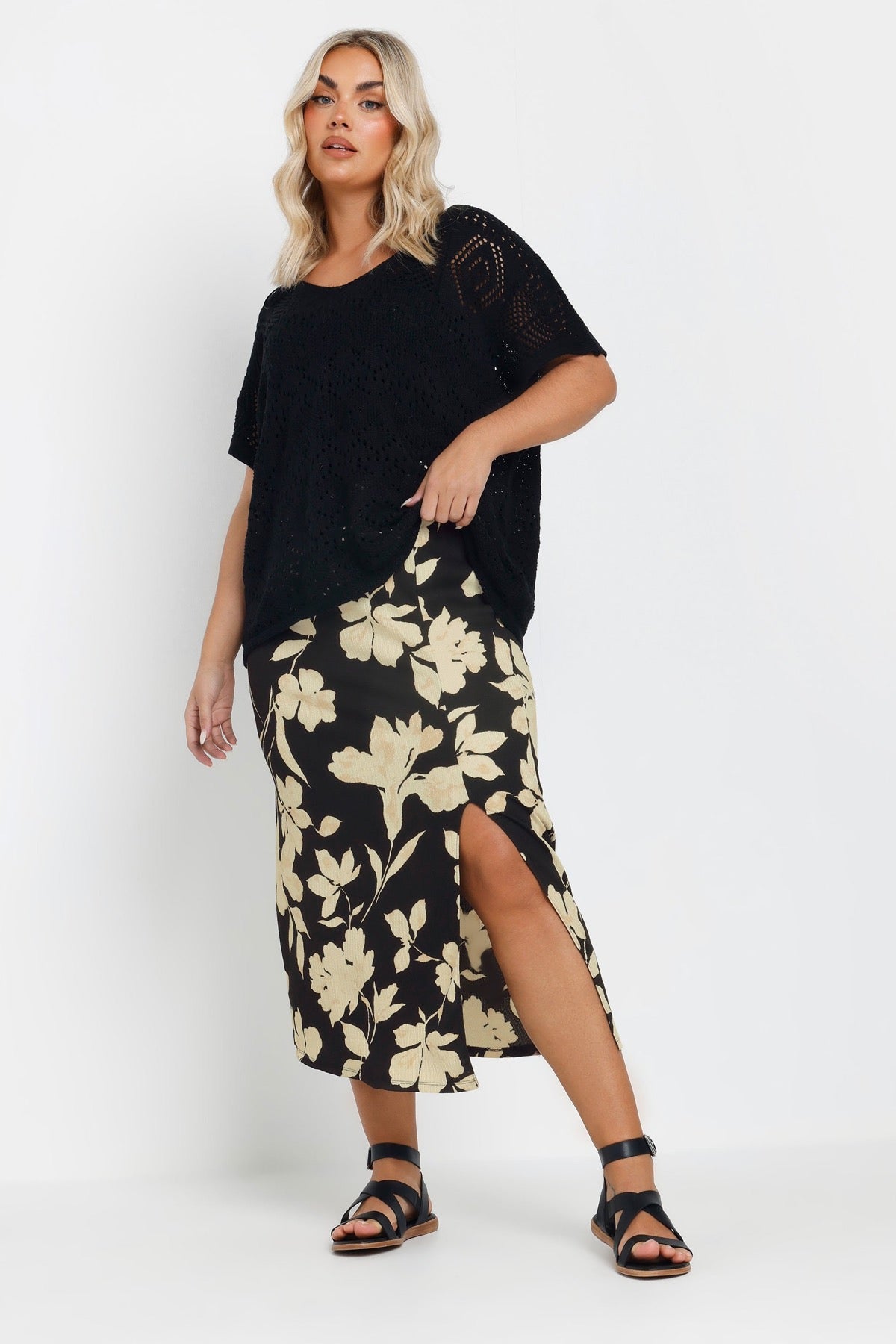 Büyük Beden Bürümcük Kumaş Yırtmaç Detaylı Beli Lastikli Etek 303769