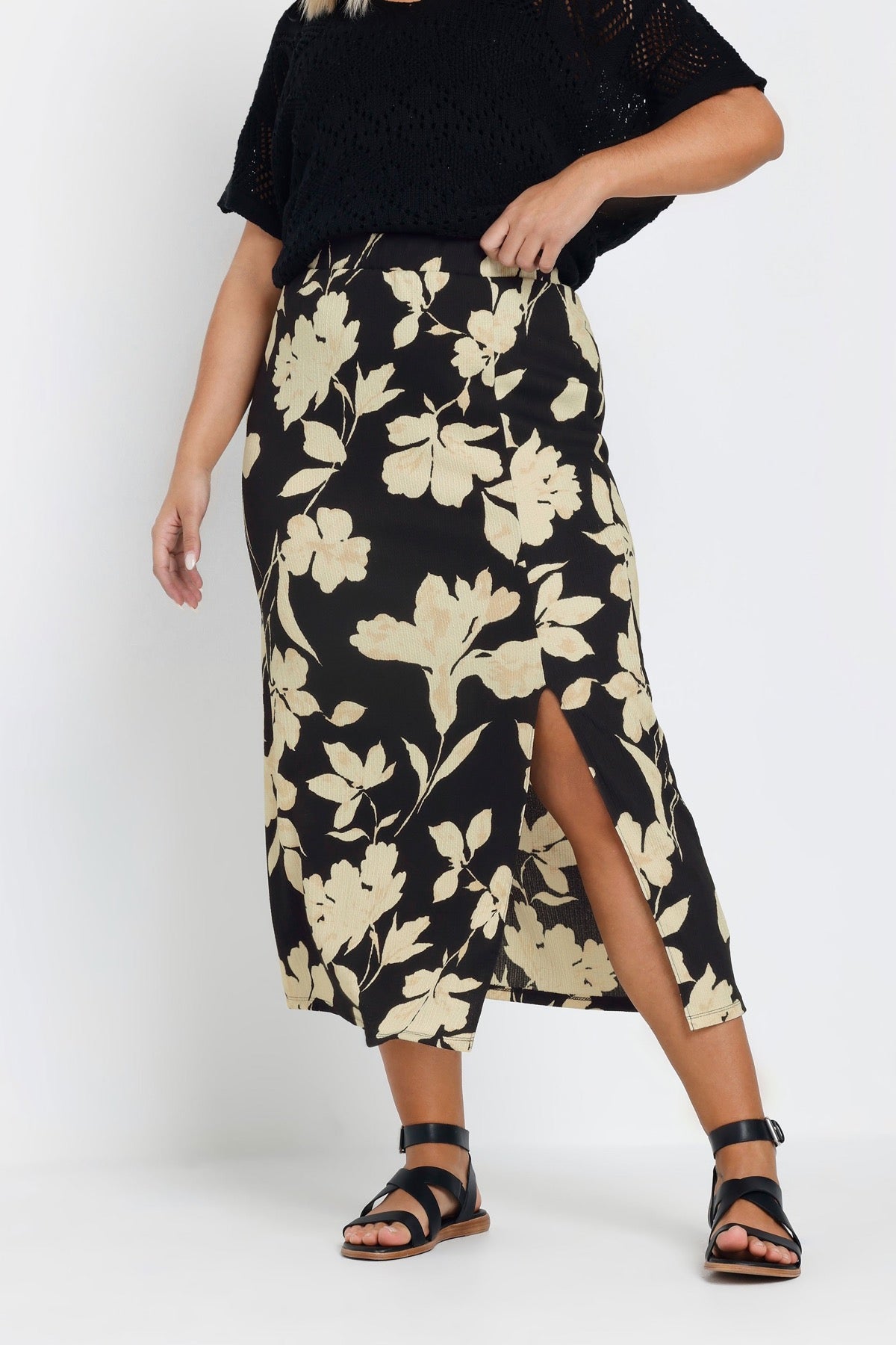 Büyük Beden Bürümcük Kumaş Yırtmaç Detaylı Beli Lastikli Etek 303769