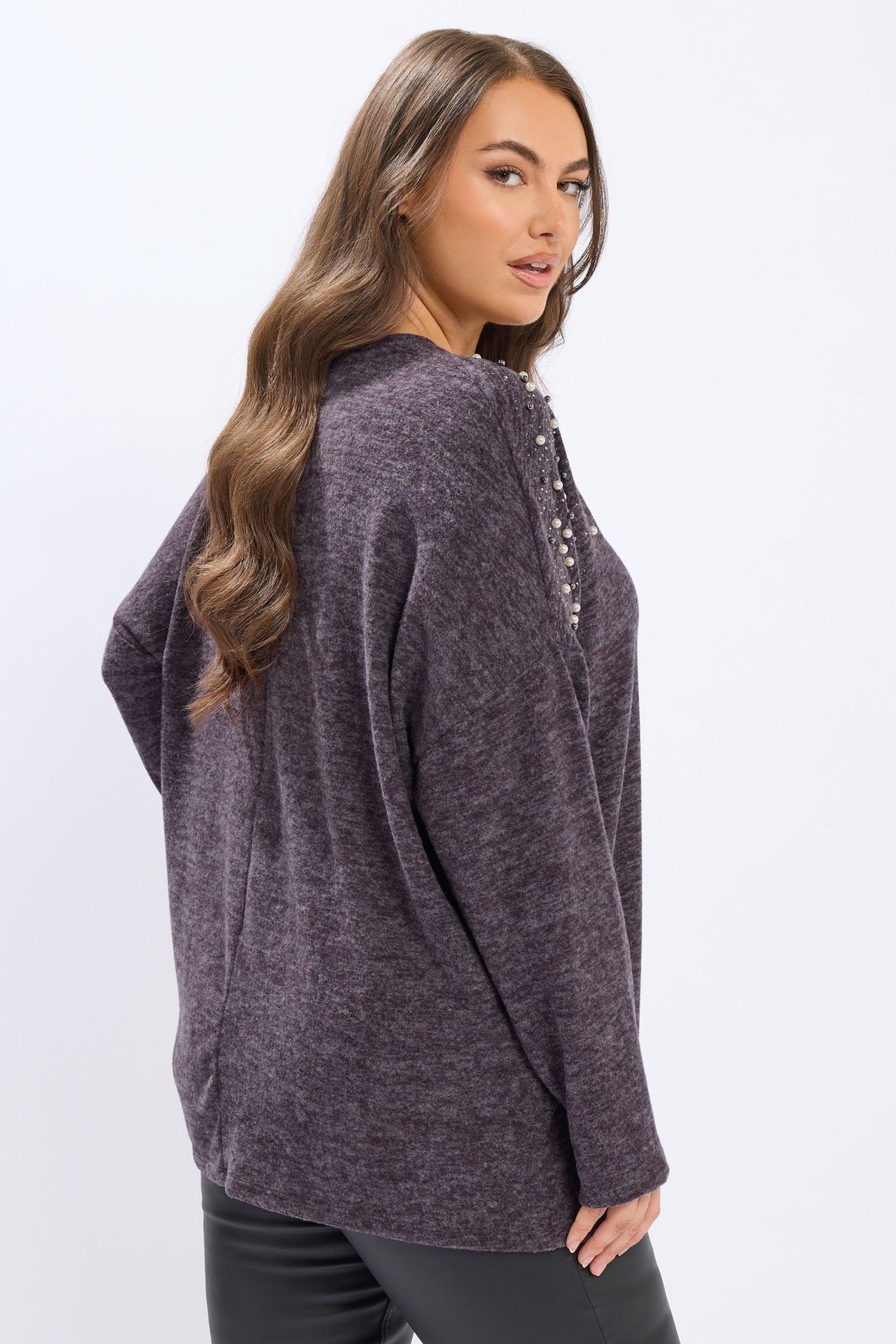 Büyük Beden V Yaka Uzun Kollu Boncuklu Peluş Sweatshirt 285054