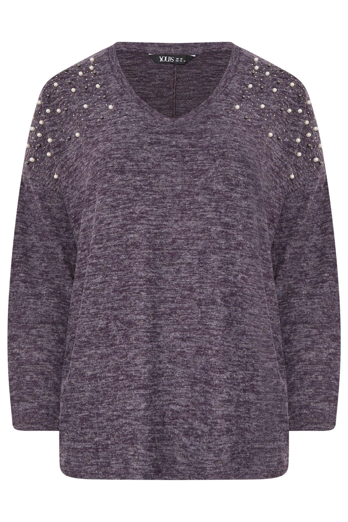 Büyük Beden V Yaka Uzun Kollu Boncuklu Peluş Sweatshirt 285054