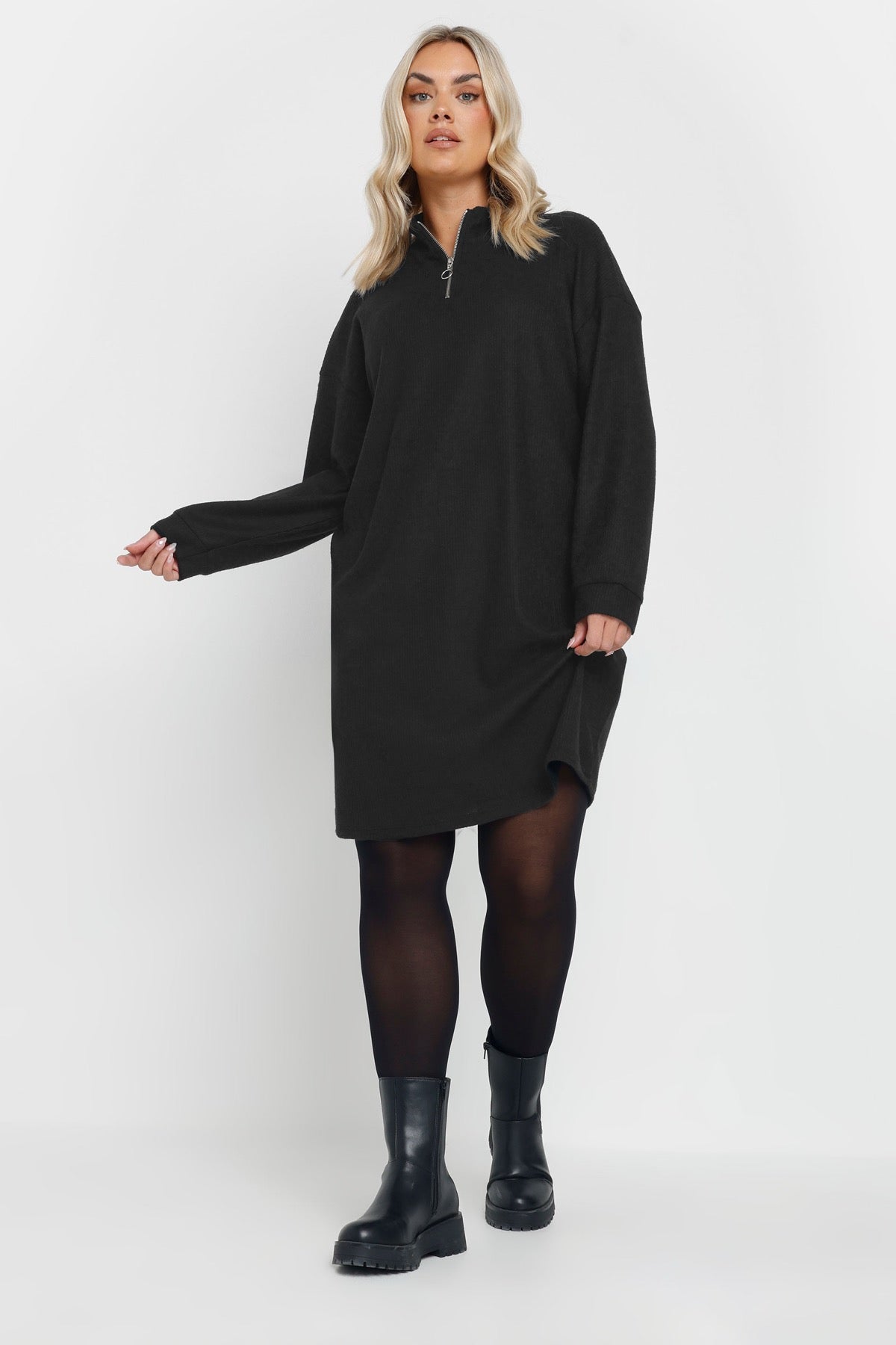 Büyük Beden V Yaka Uzun Kollu Fitili Kumaş Midi Elbise 303855