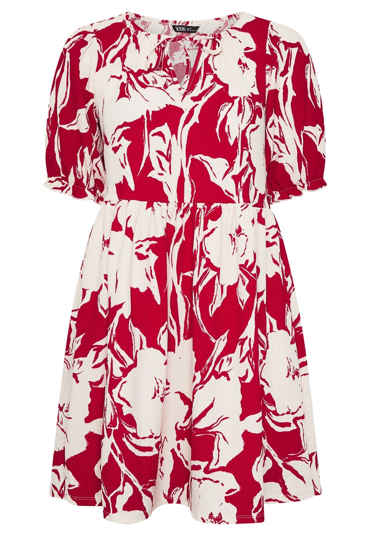 Büyük Beden Yakası Bağlamalı Çiçek Desenli Bürümcük Kumaş Diz Üstü Elbise 304113