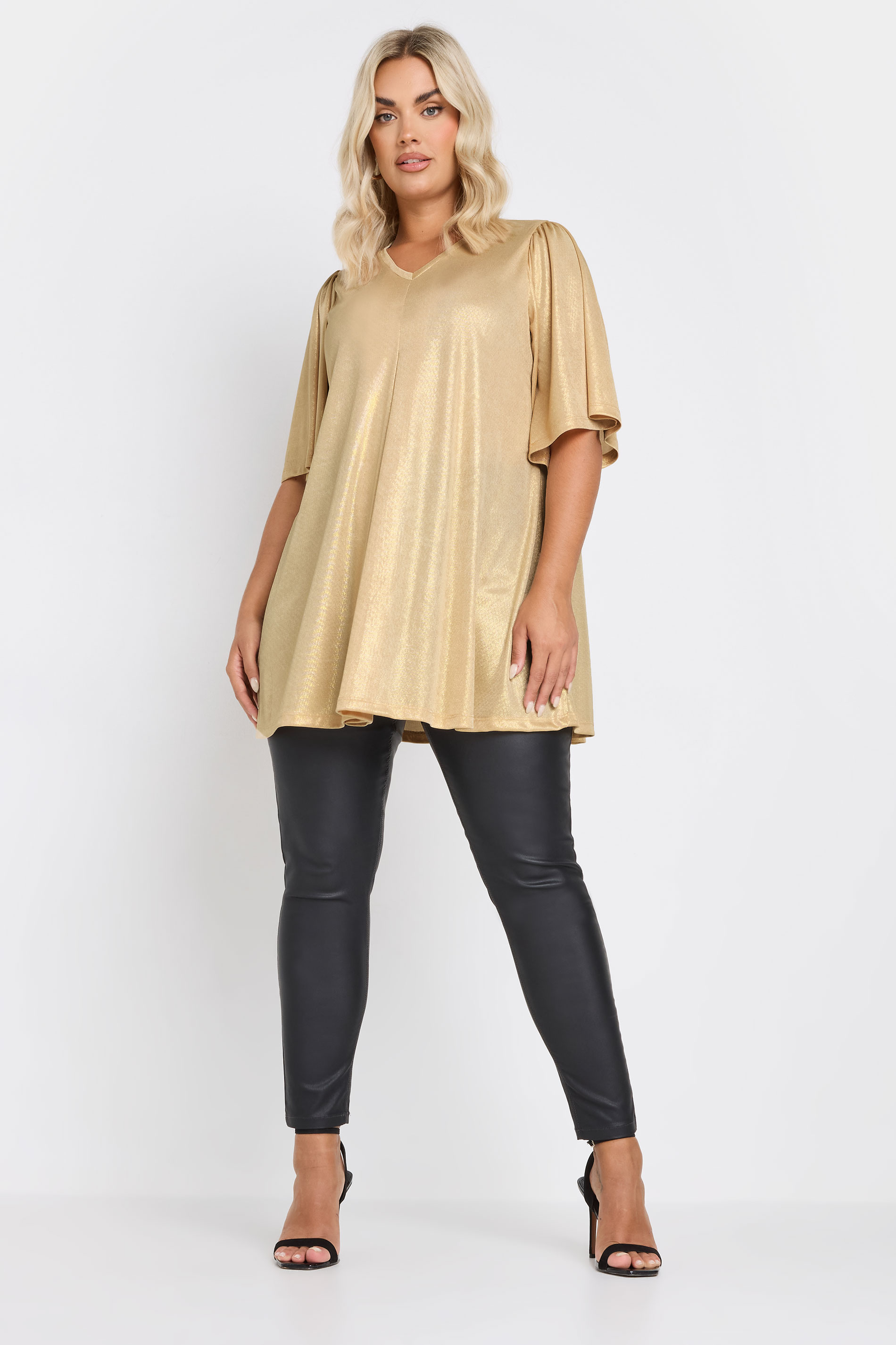 Büyük Beden V Yaka Kısa Kollu Parlak Görünümlü Bluz 303718