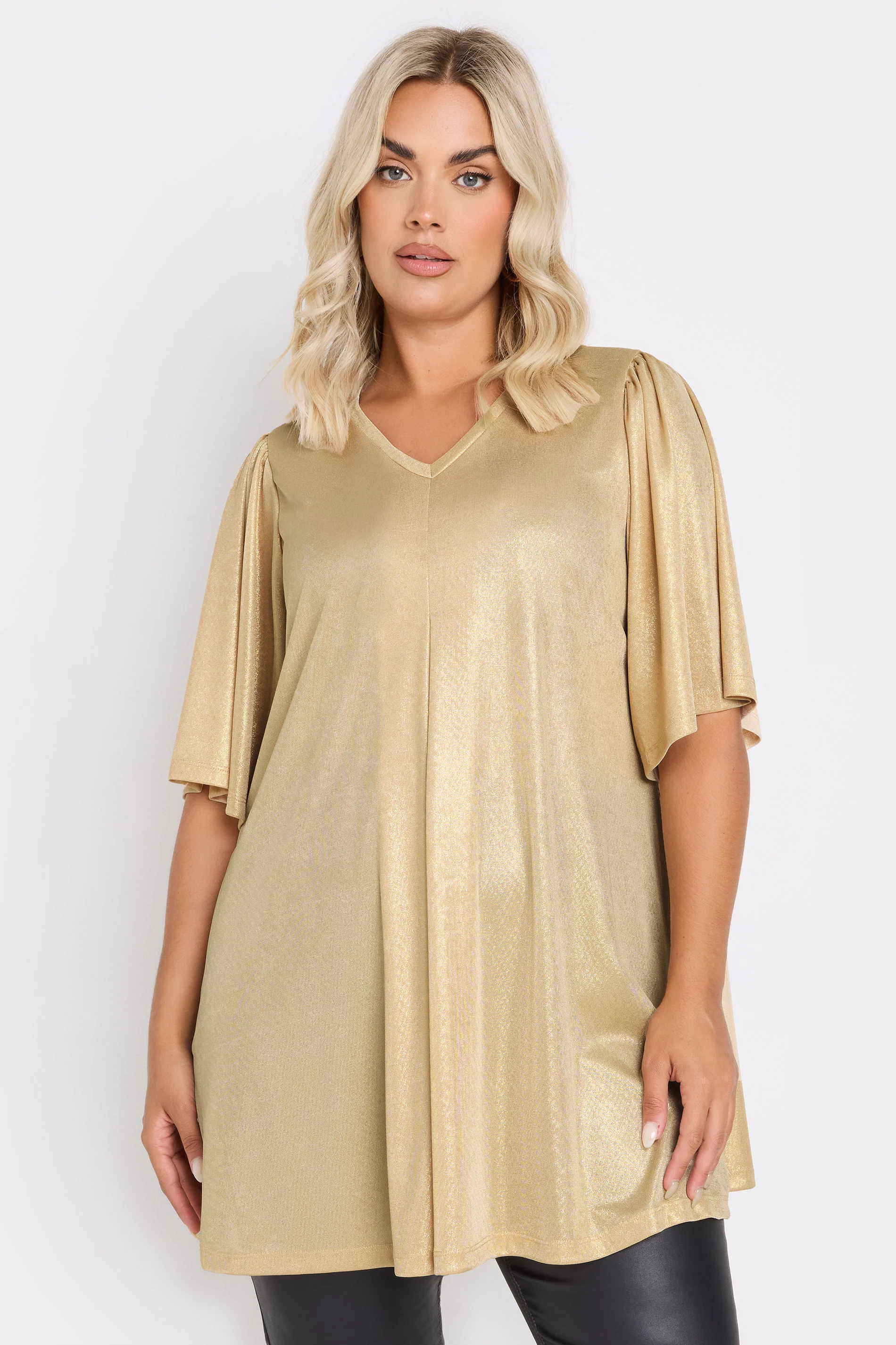 Büyük Beden V Yaka Kısa Kollu Parlak Görünümlü Bluz 303718