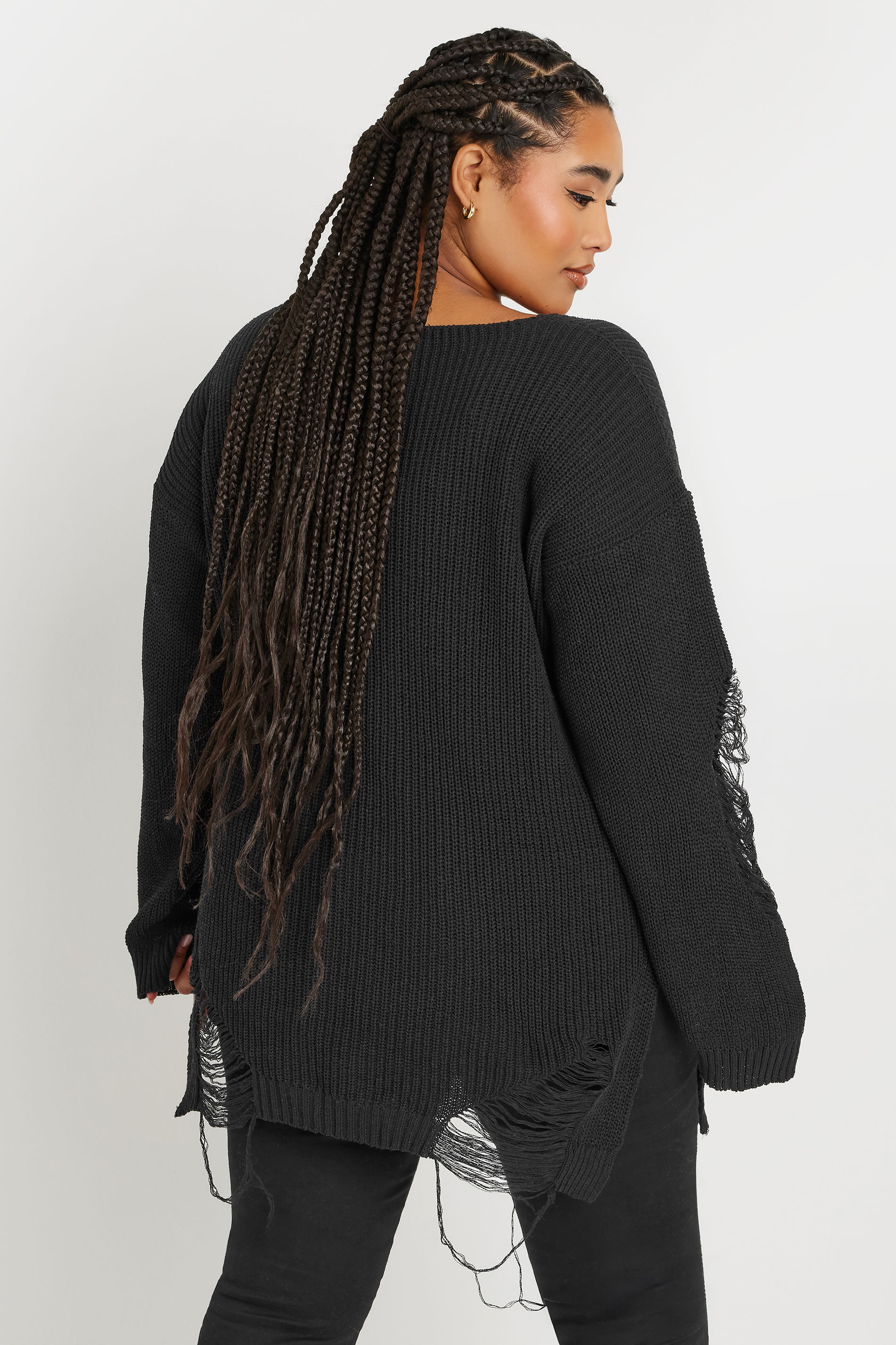 Büyük Beden Uzun Kollu Bisiklet Yaka Yırtık Detaylı Triko Kazak 303582