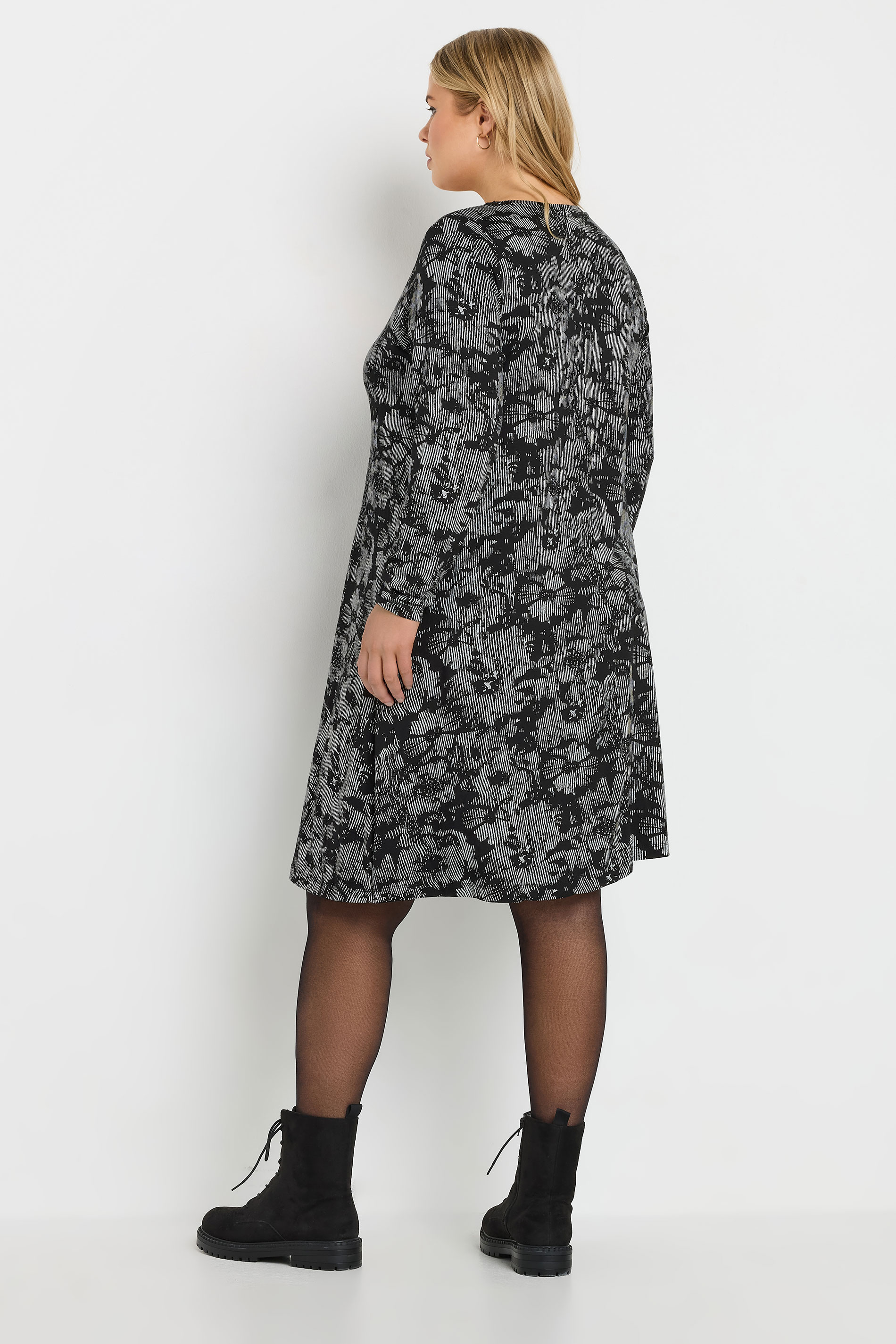 Büyük Beden V Yaka Uzun Kollu Desenli Midi Boy Elbise 137785