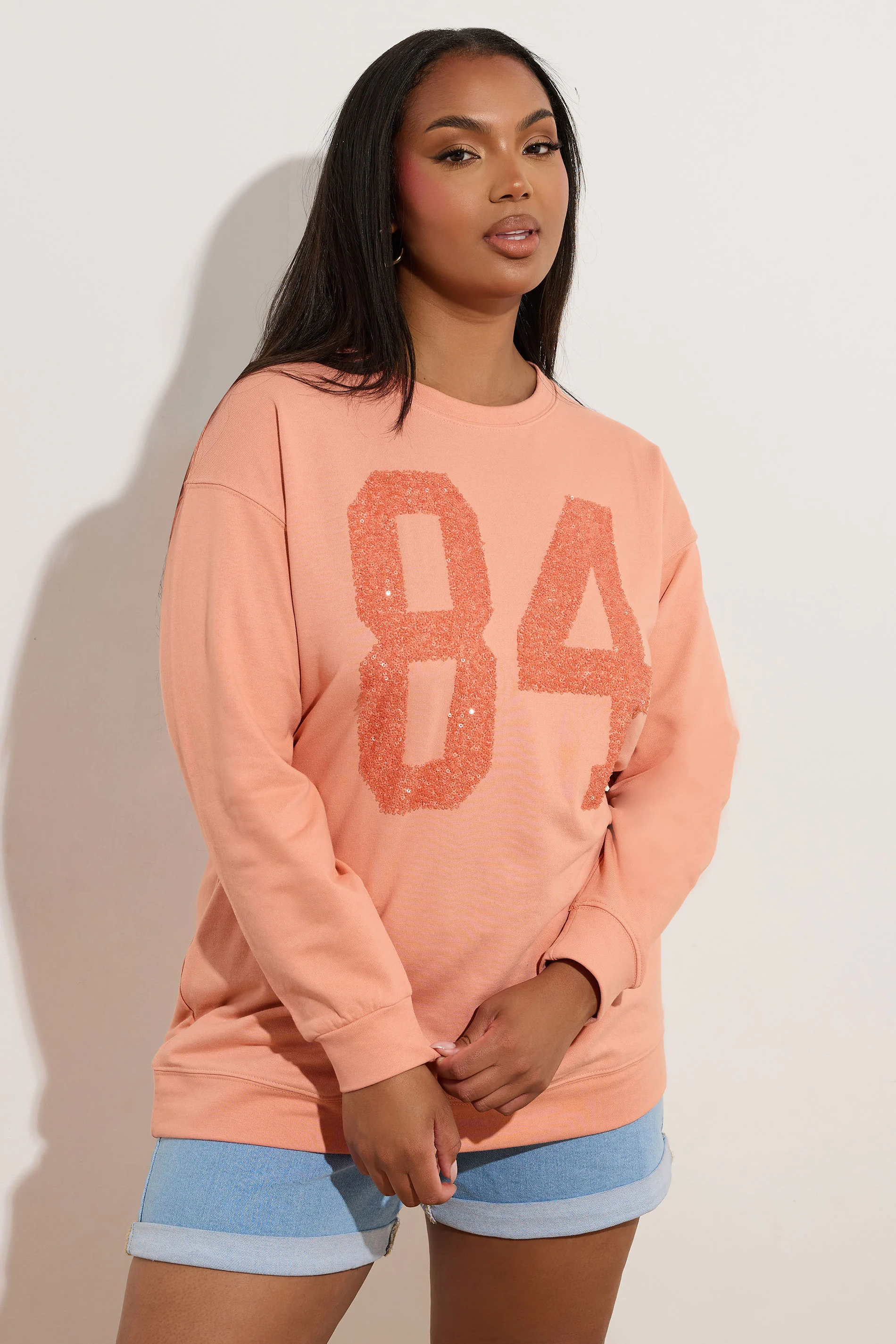 Büyük Beden Bisiklet Yaka Uzun Kollu Payet İşlemeli Sweatshirt 303142