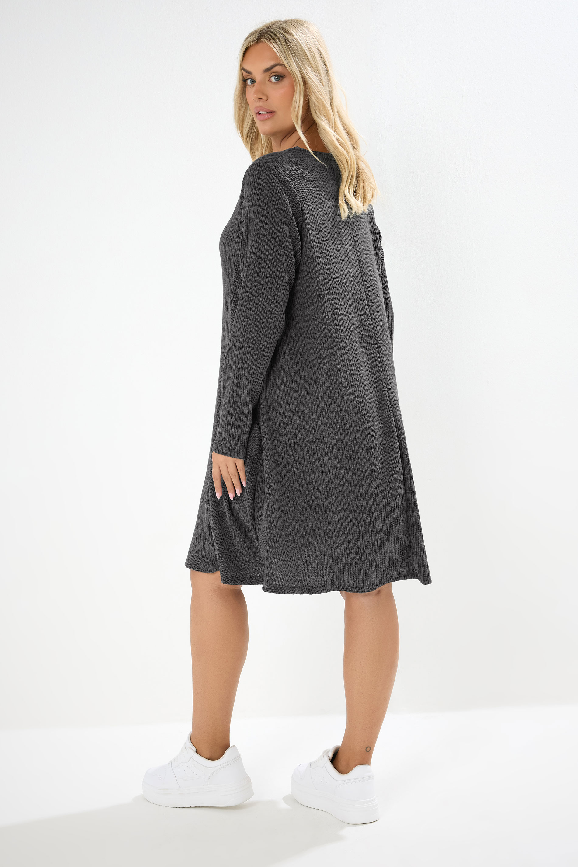 Büyük Beden Uzun Kollu Bisiklet Yaka Cepli Fitilli Elbise 304008