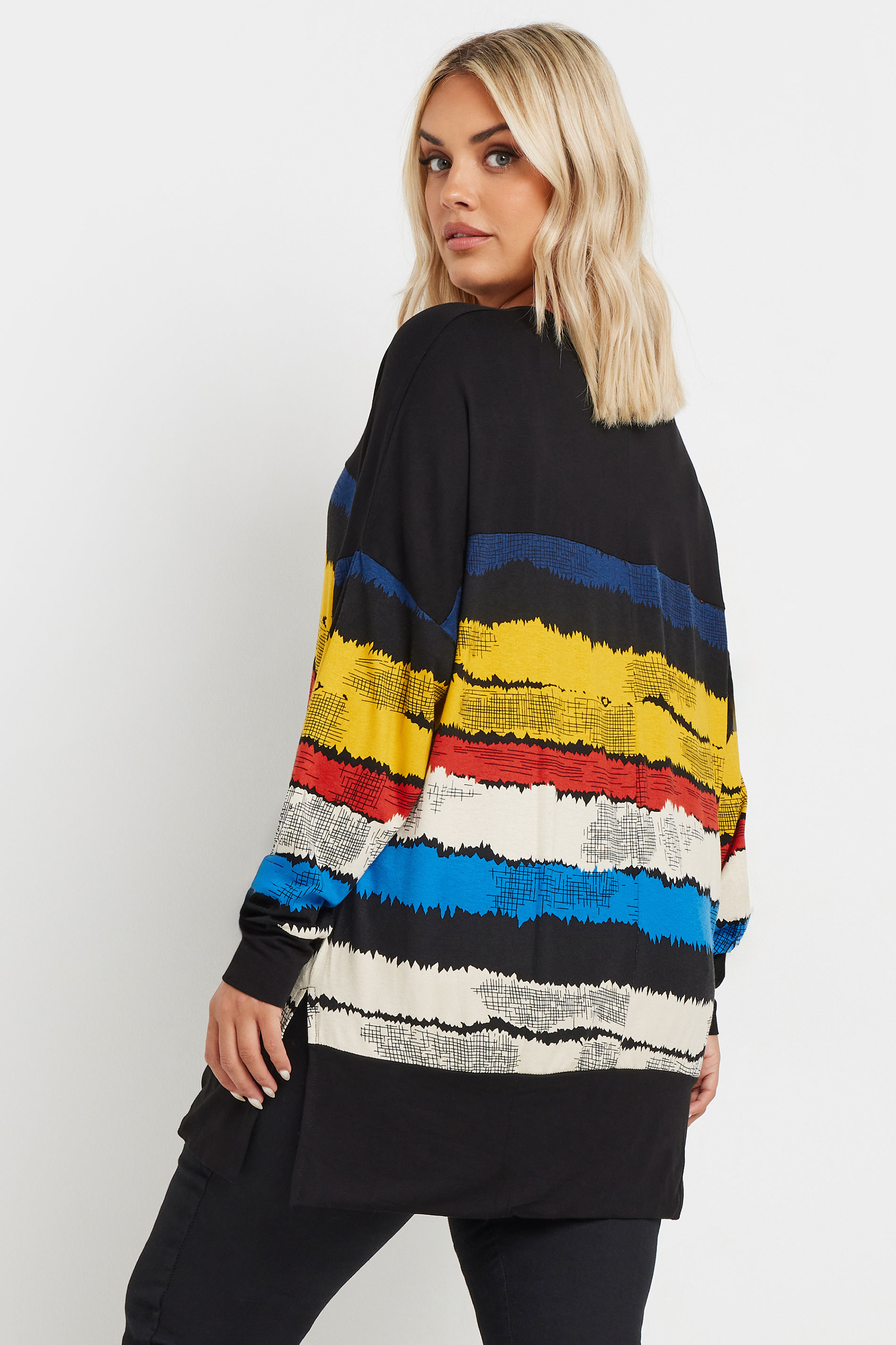 Büyük Beden V Yaka Çizgili Yanları Yırtmaçlı Uzun Kollu Bluz 302920