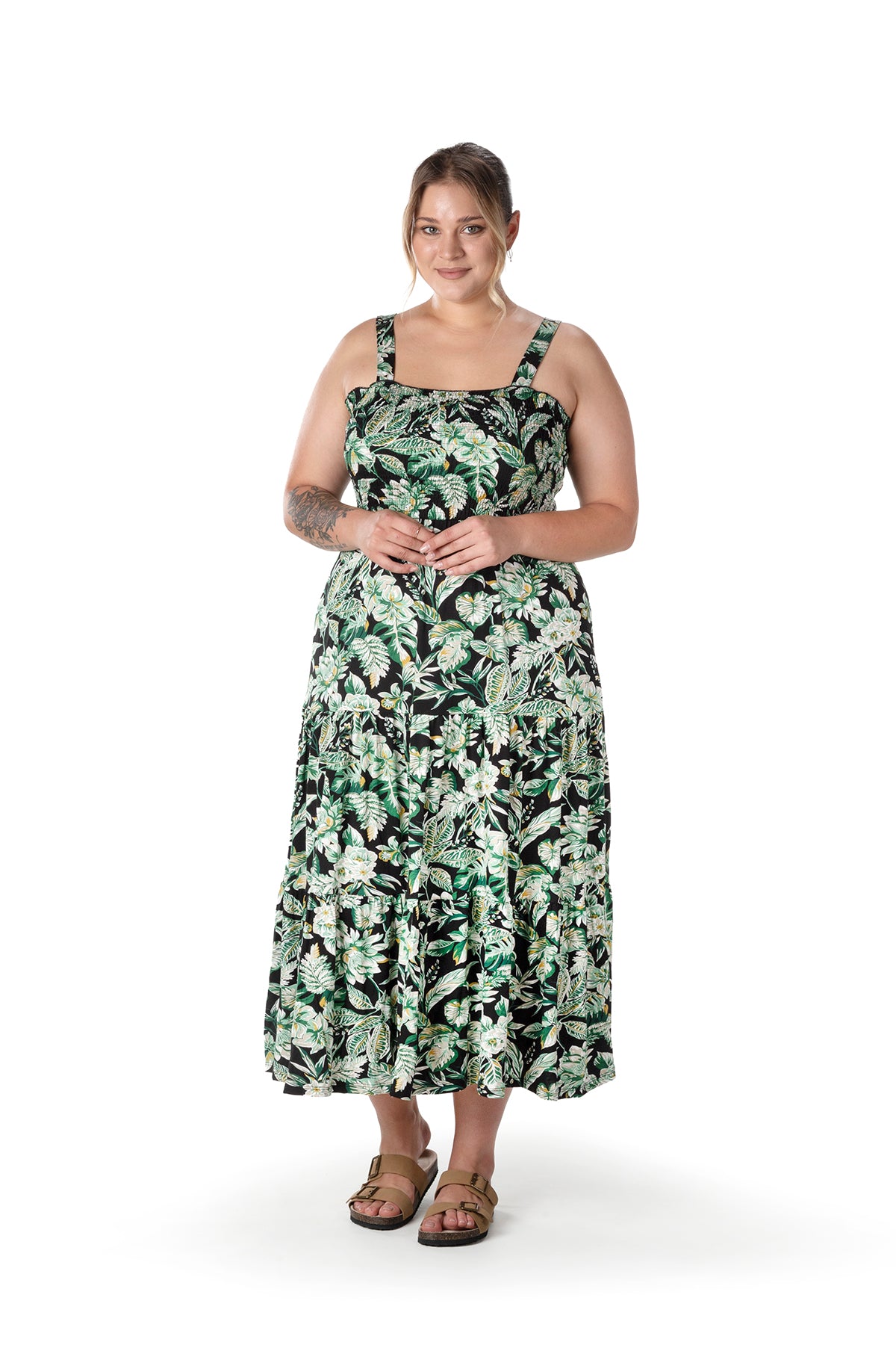 Büyük Beden Çiçek Desenli Kalın Askılı Beli Lastikli Elbise T-82