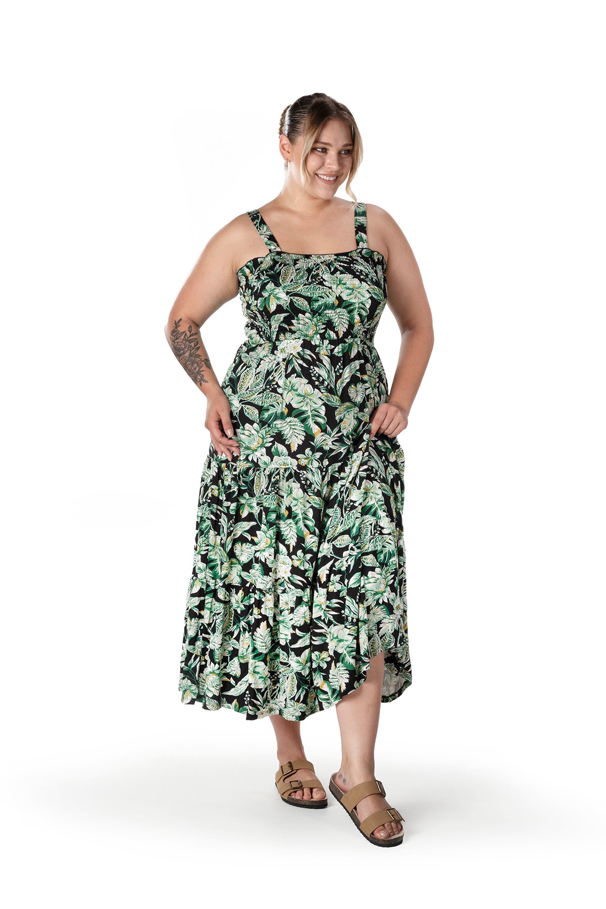 Büyük Beden Çiçek Desenli Kalın Askılı Beli Lastikli Elbise T-82