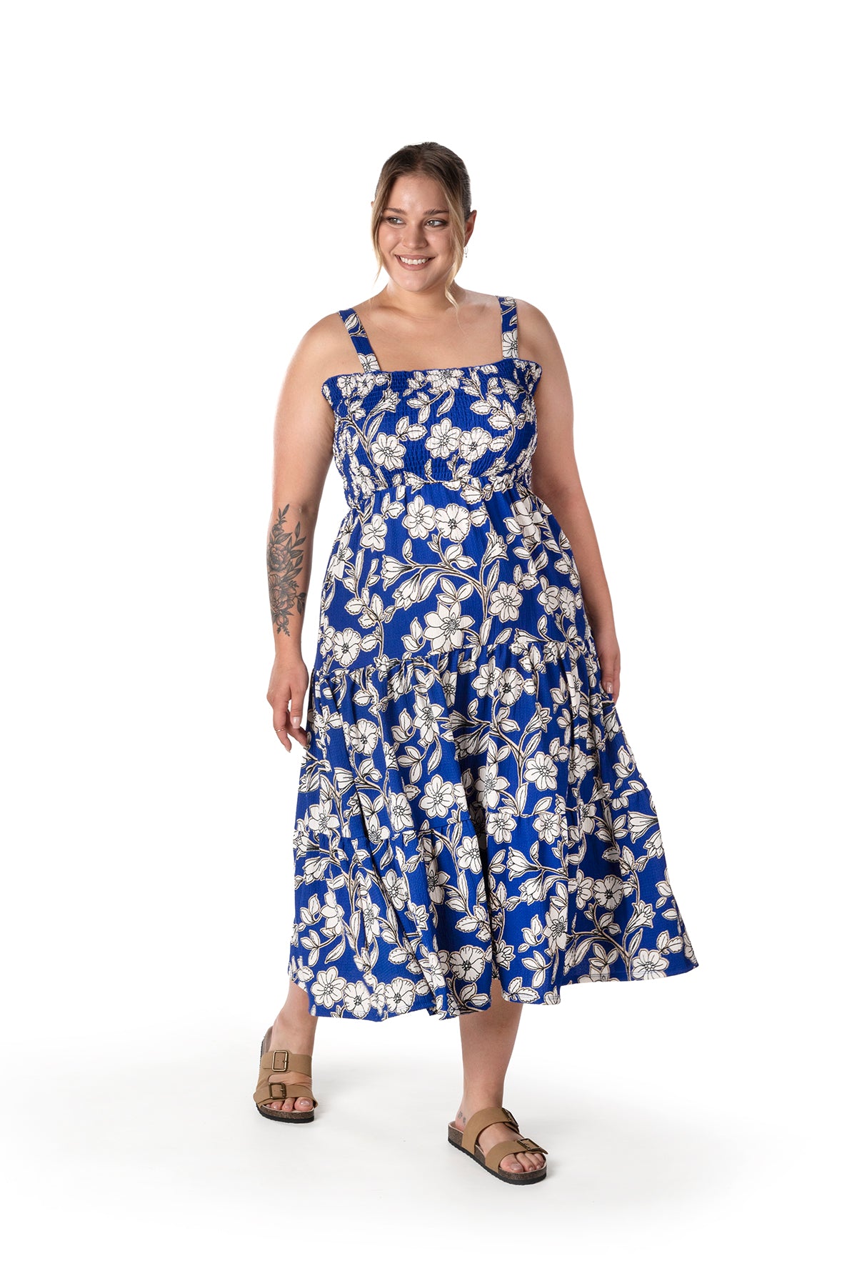 Büyük Beden Çiçek Desenli Kalın Askılı Beli Lastikli Elbise T-80