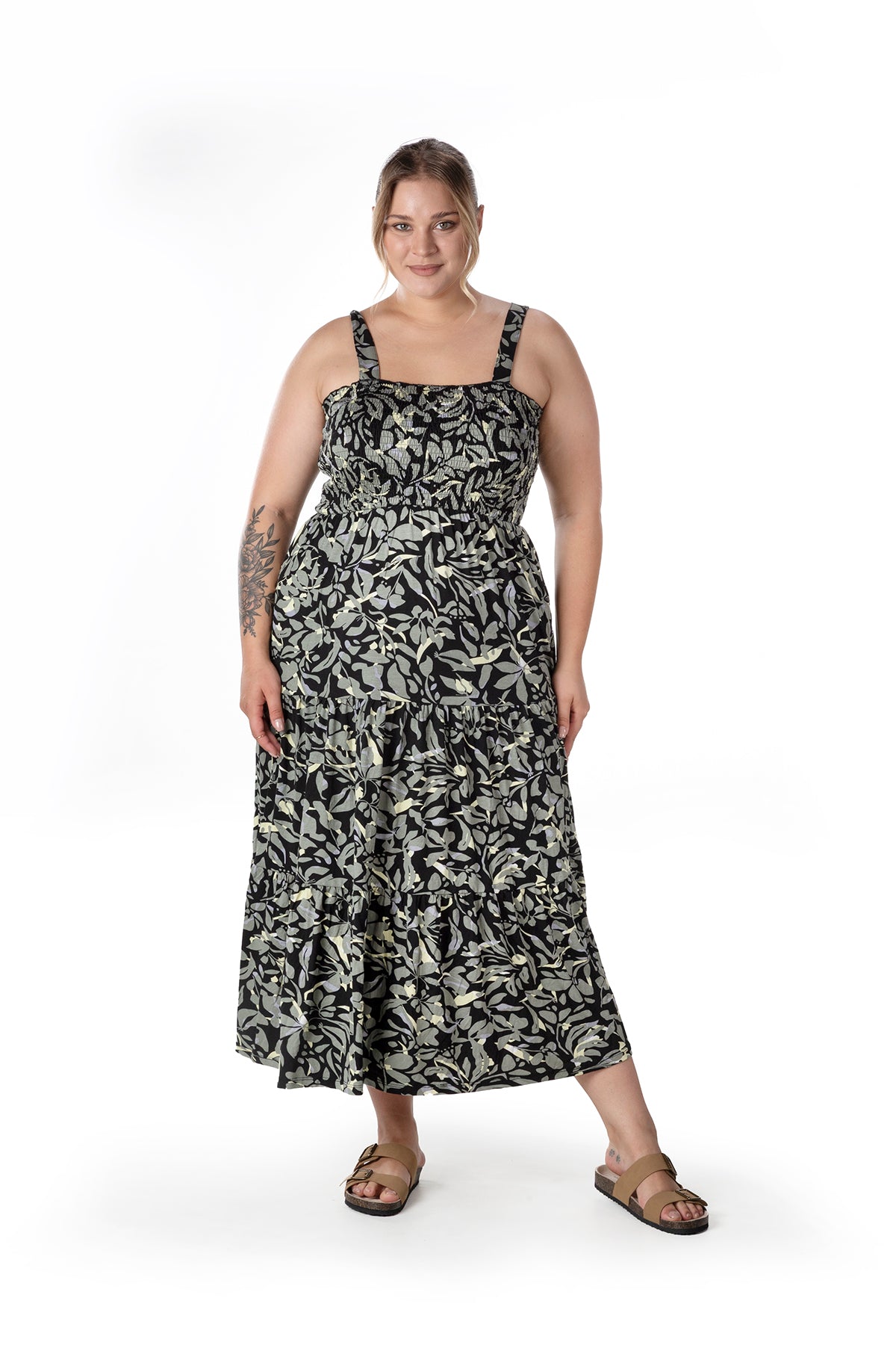 Büyük Beden Çiçek Desenli Kalın Askılı Beli Lastikli Elbise T-81